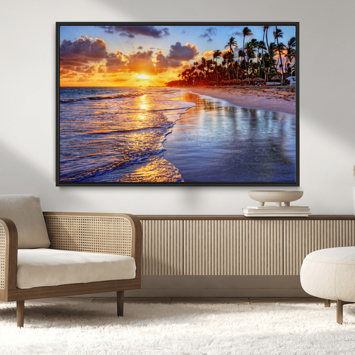 32177-MGV-FC-36X24_Black-Serene Beach Sunset Wall Art Canvas- Coastal Seascape Print for Living Room or Bedroom, Ocean Waves