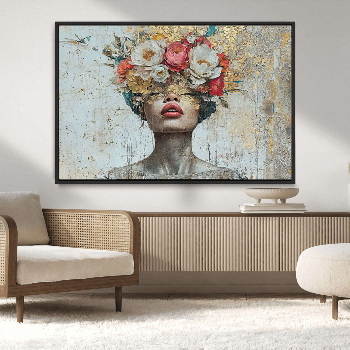 26919-MGV-FC-36X24_Black-Golden Petal Wall Art Canvas Print - Silhouette Woman Wall Art Canvas Print, Floral Woman Portrait