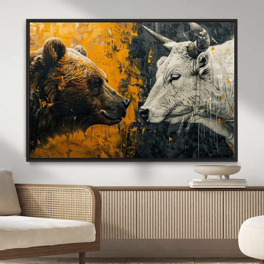 Bear and Bull Wall Art Canvas Print, Abstract Animal Portrait for Modern Home Decor