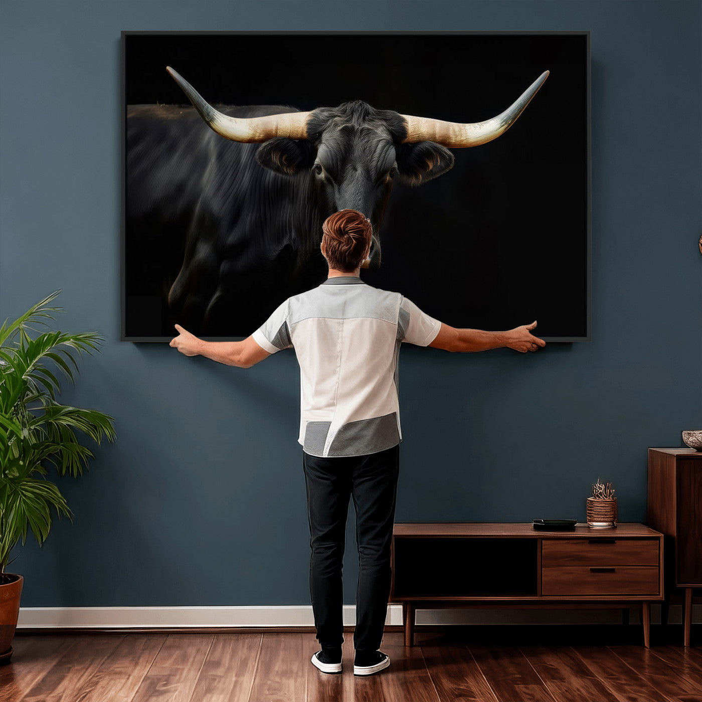 63798-MGV-CV-36X24 - Texas Longhorn Cow | Majestic Black Bull Wall Art Canvas Print - Farmhouse Animal Decor - Ready to