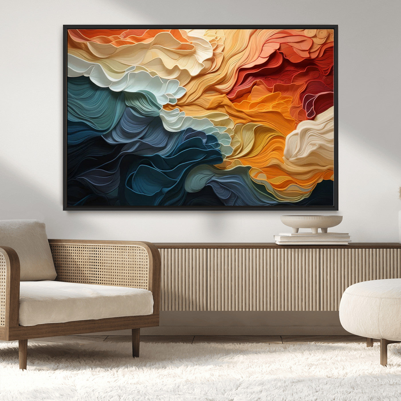 31634-MGV-CV-36X24-Blue Orange Abstract Wave Wall Art Canvas Print, Framed Blue Orange Wave Wall Art