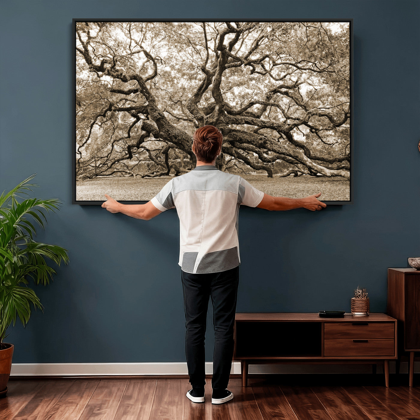 51126-MGV-CV-36X24 - Sepia Framed Angel Oak Tree Wall Art - 3-Panel Canvas Prints, Large Green Nature Artwork, Ready to