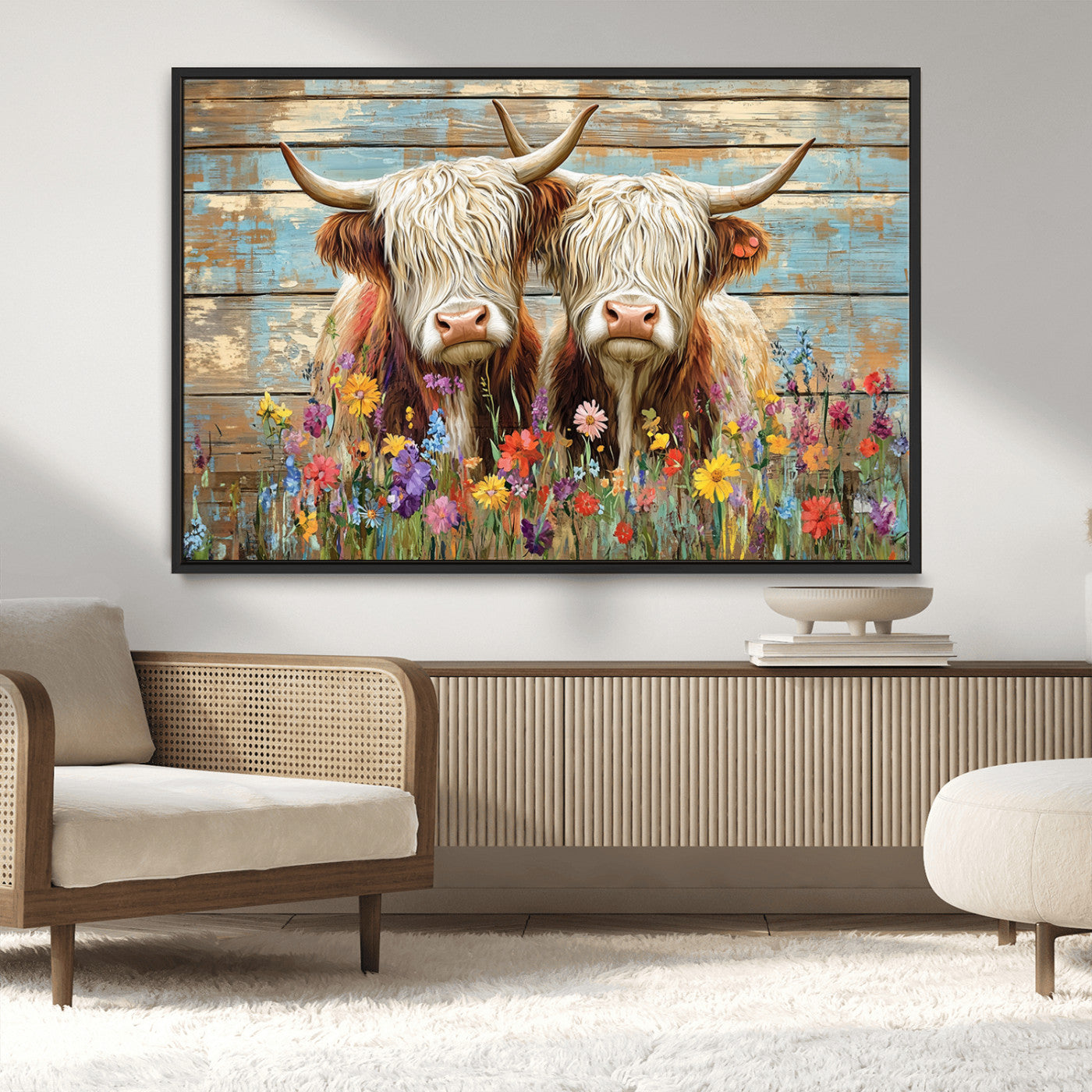 36972-MGV-CV-36X24 - Cute Highland Cow Canvas Wall Art - Rustic Farmhouse Decor with Colorful Flowers Perfect Wall Art