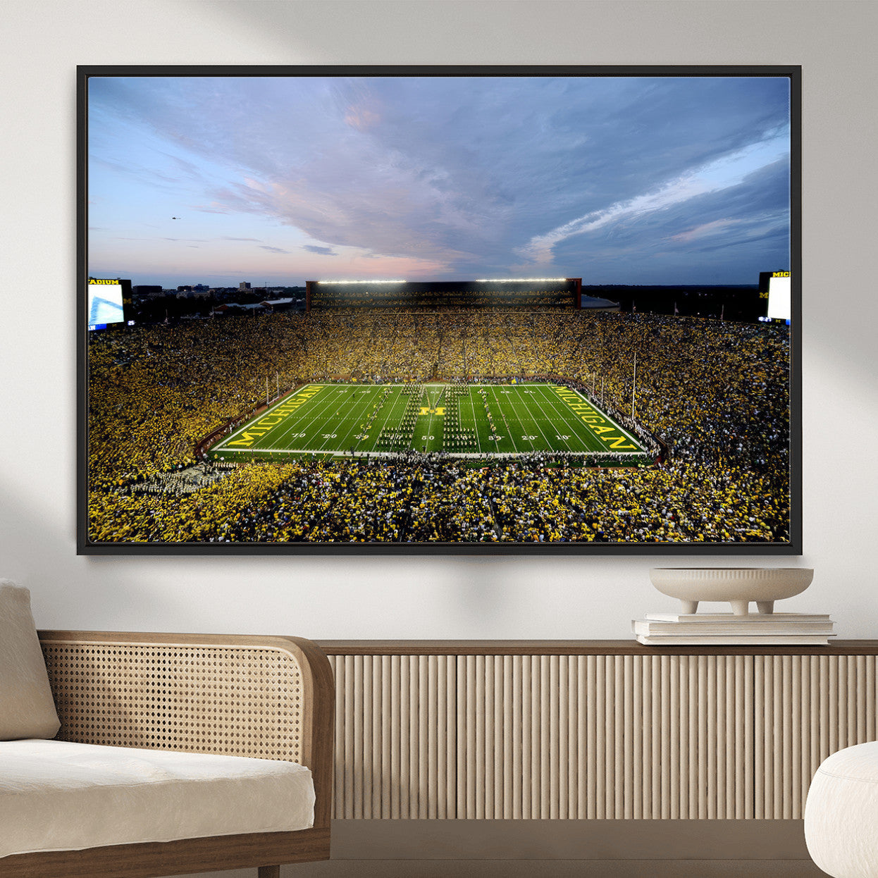 82641-MGV-FC-36X24 - Michigan Stadium Wall Art Canvas Print, Vibrant Game Day Crowd and Sunset Sky Football Field Artwork for Home, Office