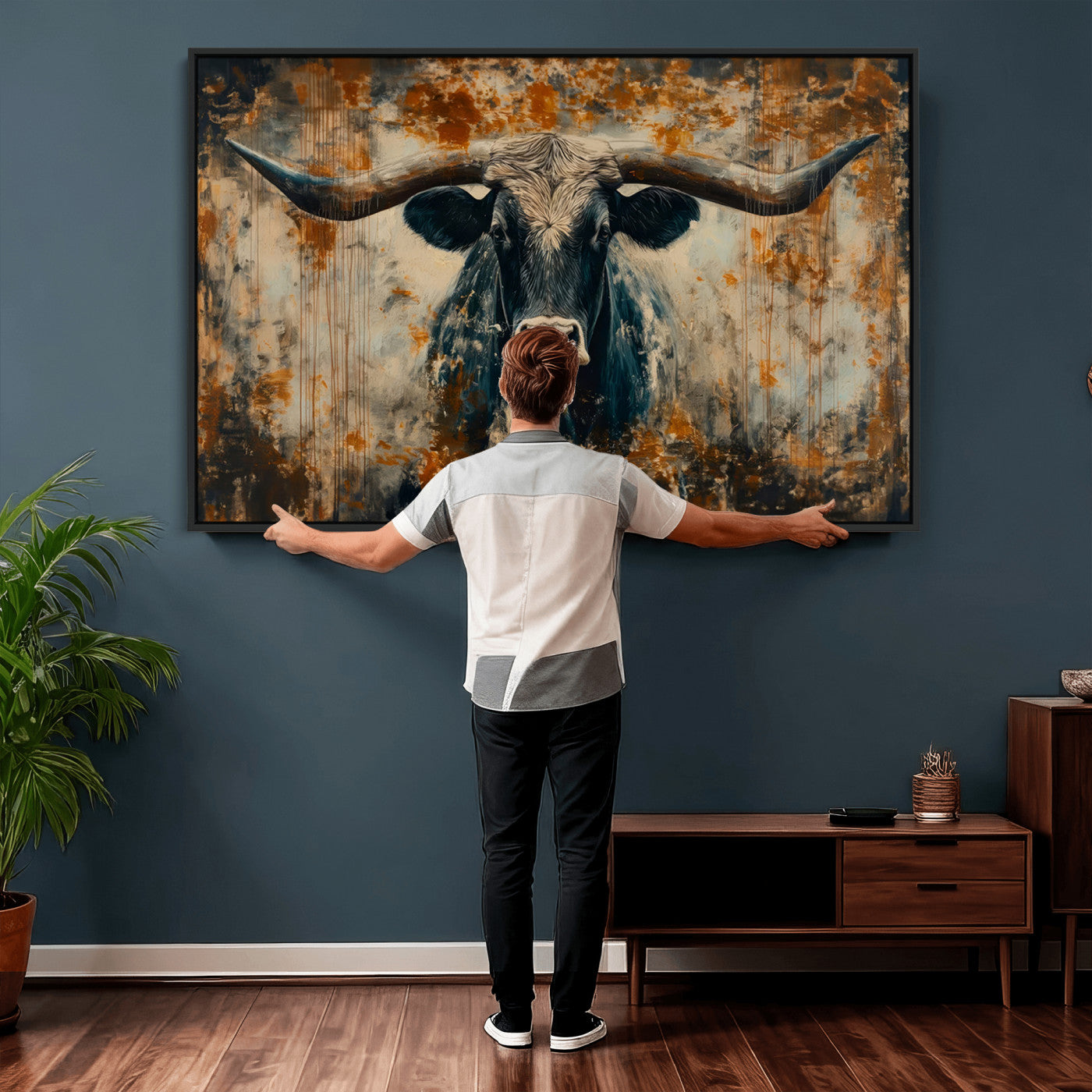 85913-MGV-CV-36X24 - Abstract Longhorn Bull Wall Art | Rustic Western Wall Decor | Framed and Ready to Hang | Ideal for