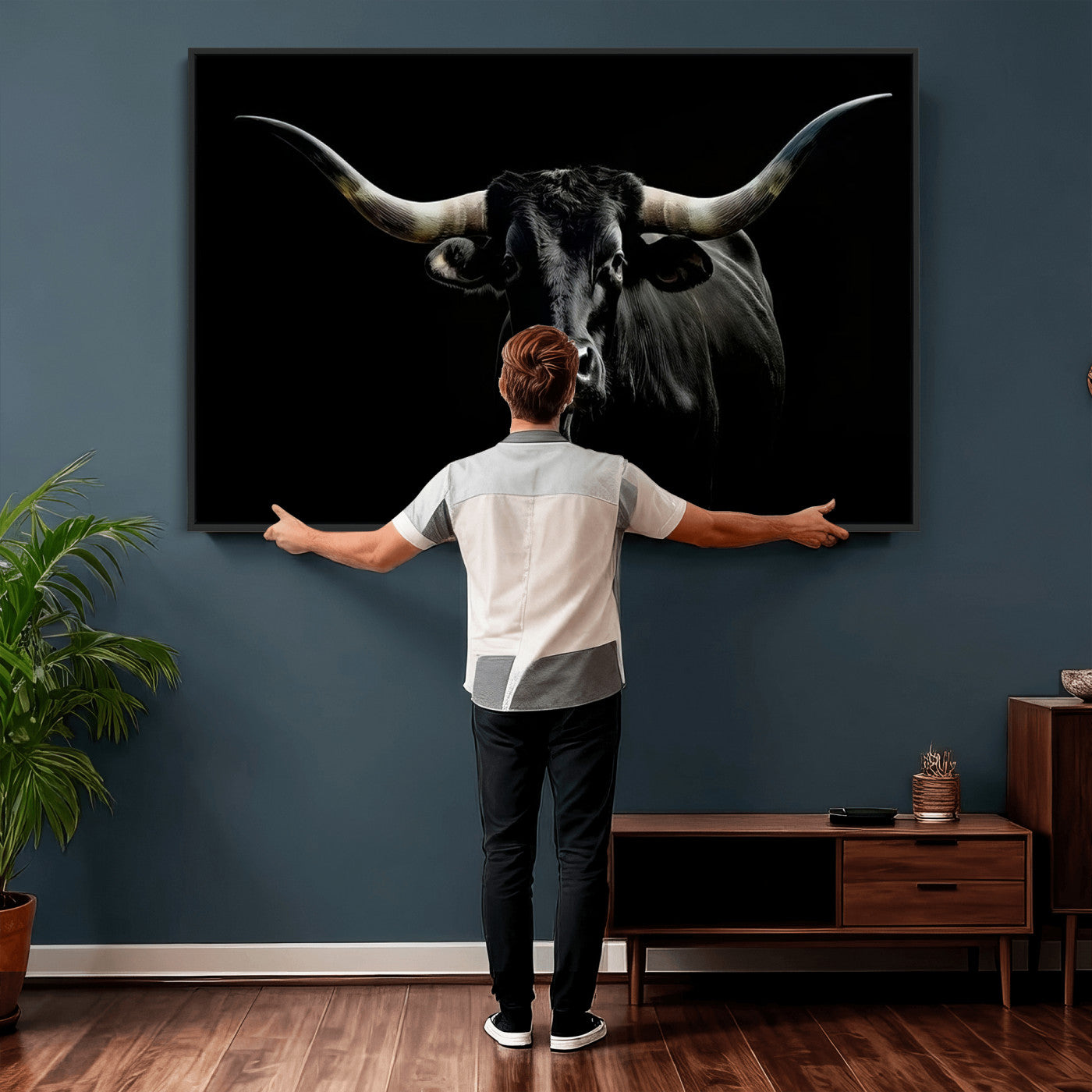 20679-MGV-CV-36X24 - Texas Black Longhorn Bull Wall Art Canvas Print - Western Texas Cattle Rustic Decor Print - Longhorn