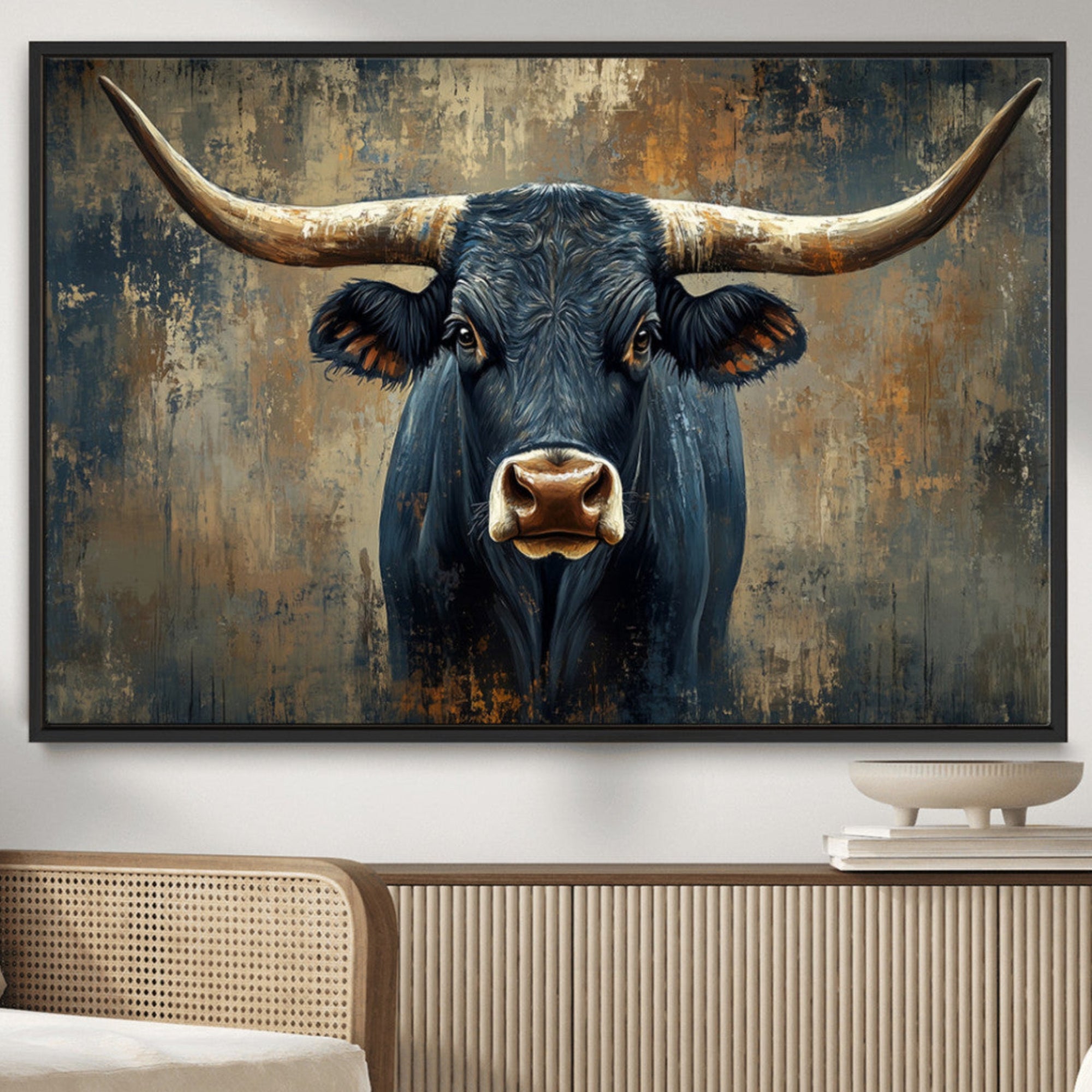 42026-MGV-CV-36X24-Texas Western Wall Art Canvas Print - Abstract Cow Longhorn Bull Wall Art Canvas Print - Rustic Cow