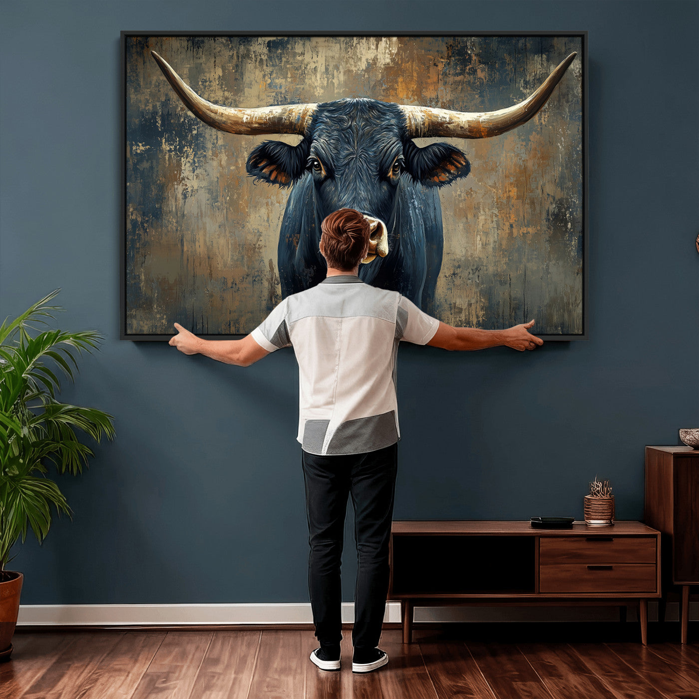42026-MGV-CV-36X24 - Texas Western Wall Art Canvas Print - Abstract Cow Longhorn Bull Wall Art Canvas Print - Rustic Cow
