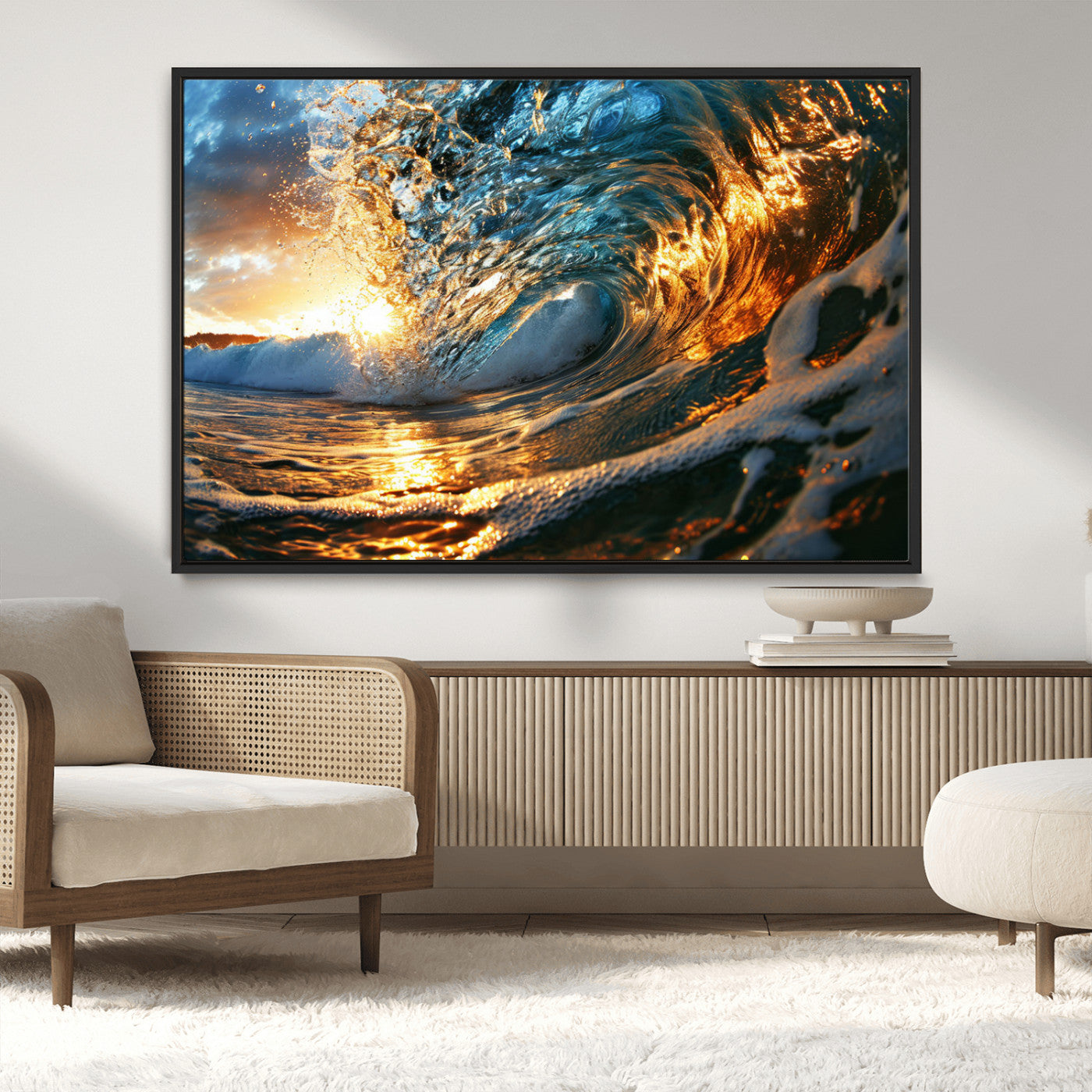 41370-MGV-CV-36X24-Ocean Wave at Sunset Canvas Wall Art – Vibrant Coastal Beach Waves Print, Large Nautical Decor,