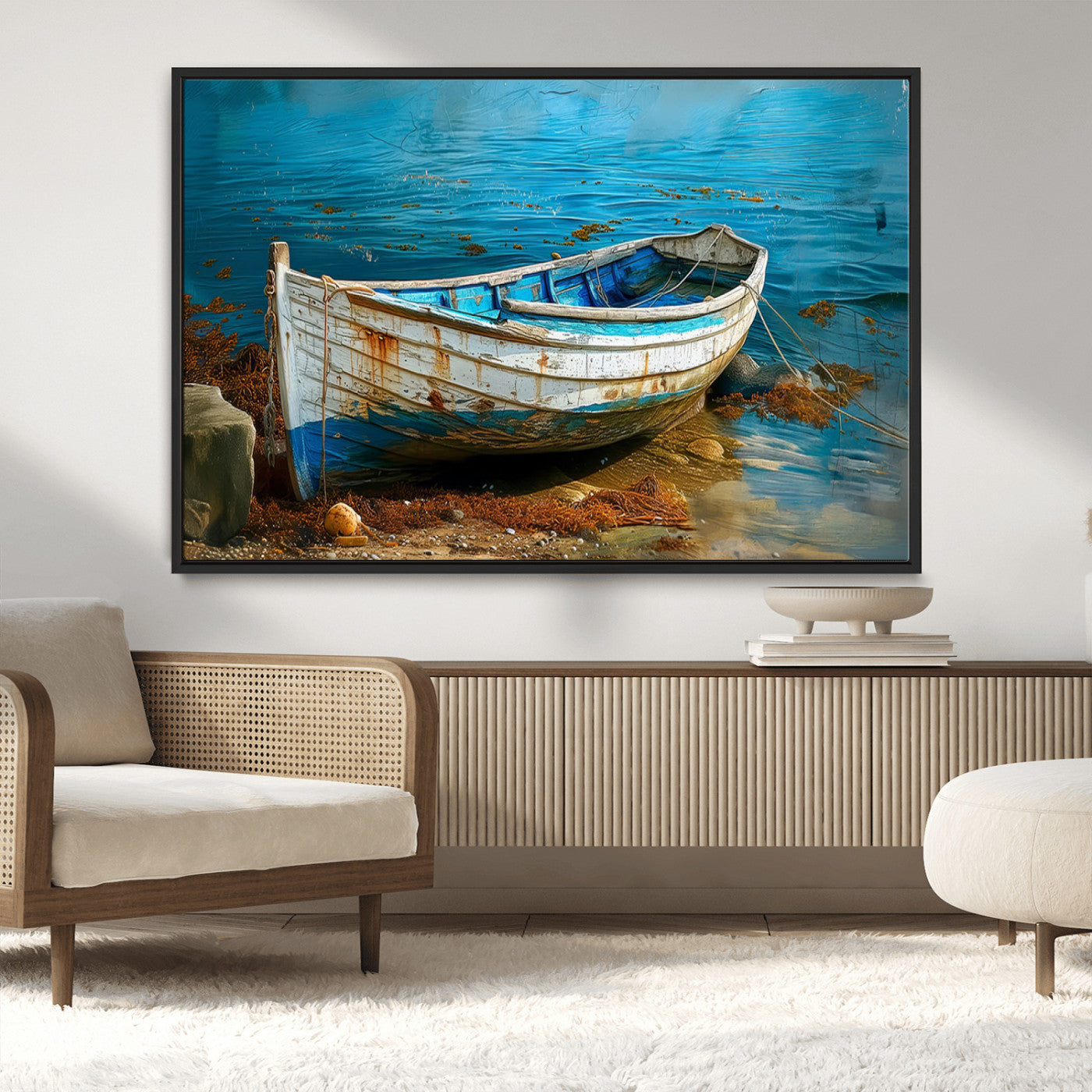 54716-MGV-CV-36X24-Vintage Boat on Tranquil Waters | Coastal Wall Art for Nautical Decor | Rustic Triptych Canvas Print