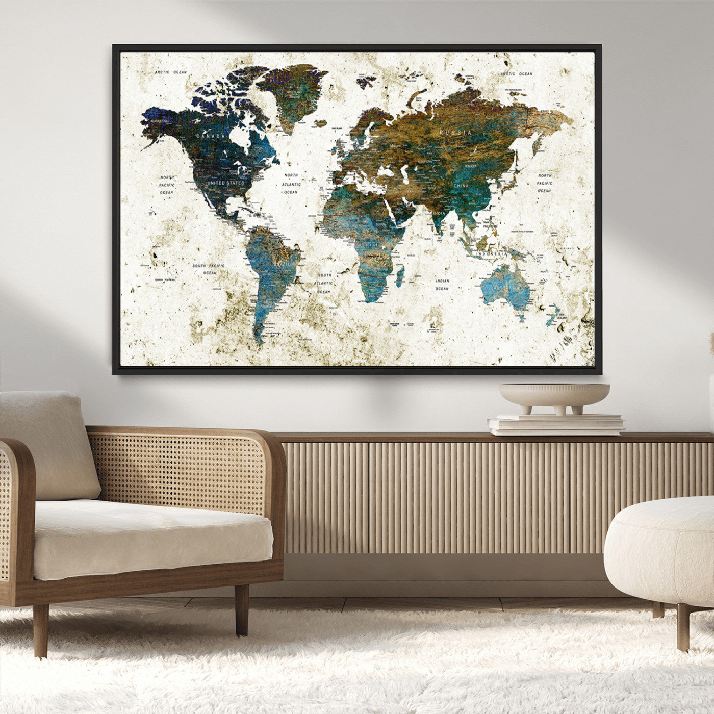 89176-MGV-CV-36X24-Vintage Blue and Brown World Map Canvas Wall Art – Framed Rustic Map Print, Earth Tone Travel Decor for Stylish Home and Office Walls