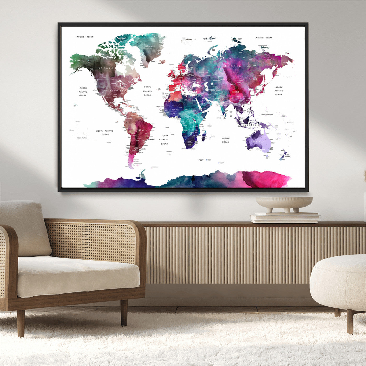 78176-MGV-CV-36X24-Colorful Watercolor World Map Canvas Wall Art – Framed Modern Map Print, Vibrant Travel Inspired Artwork for Home and Office Decor
