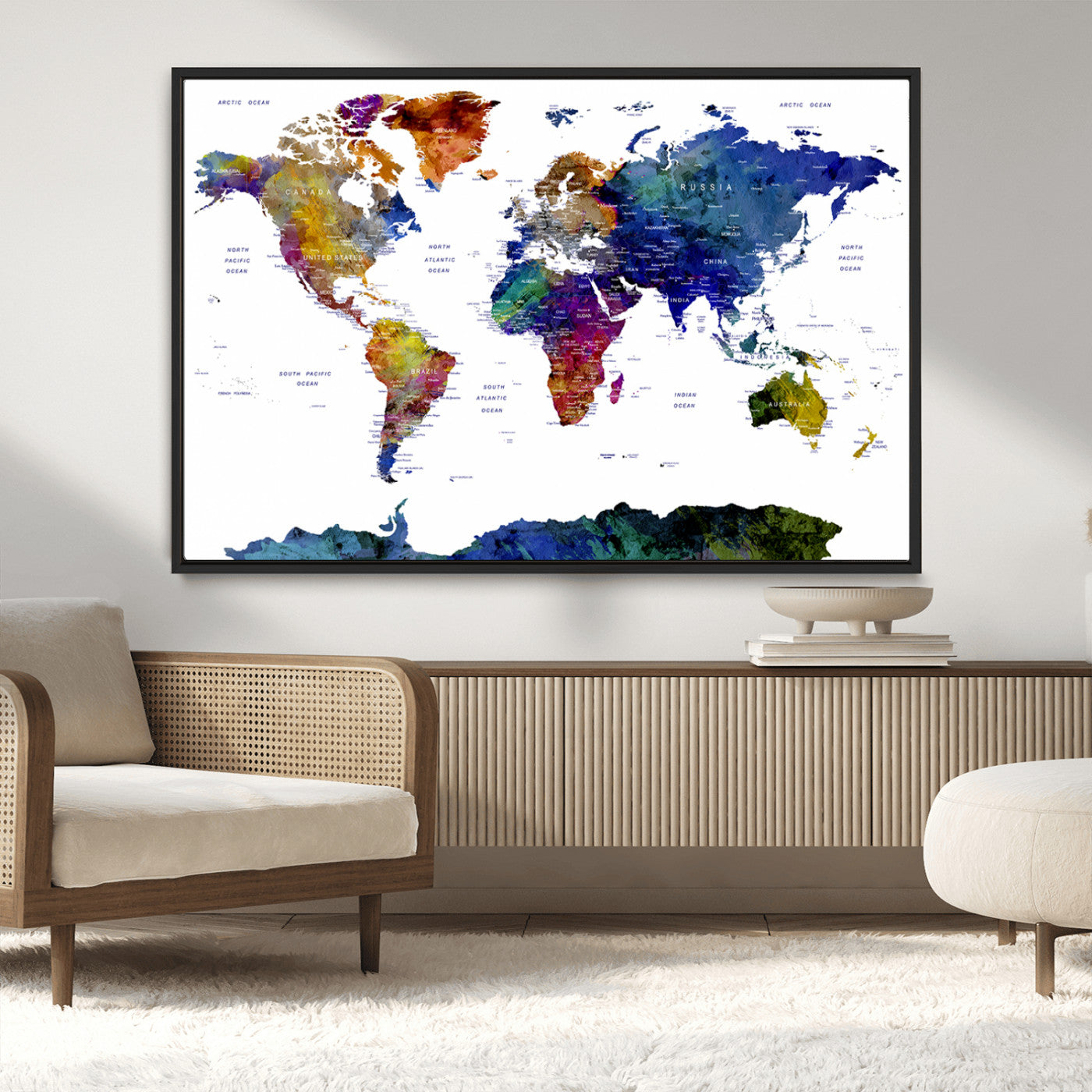 90446-MGV-CV-36X24-Colorful Watercolor World Map Canvas Wall Art – Framed Modern Push Pin Travel Map for Home and Office Decor