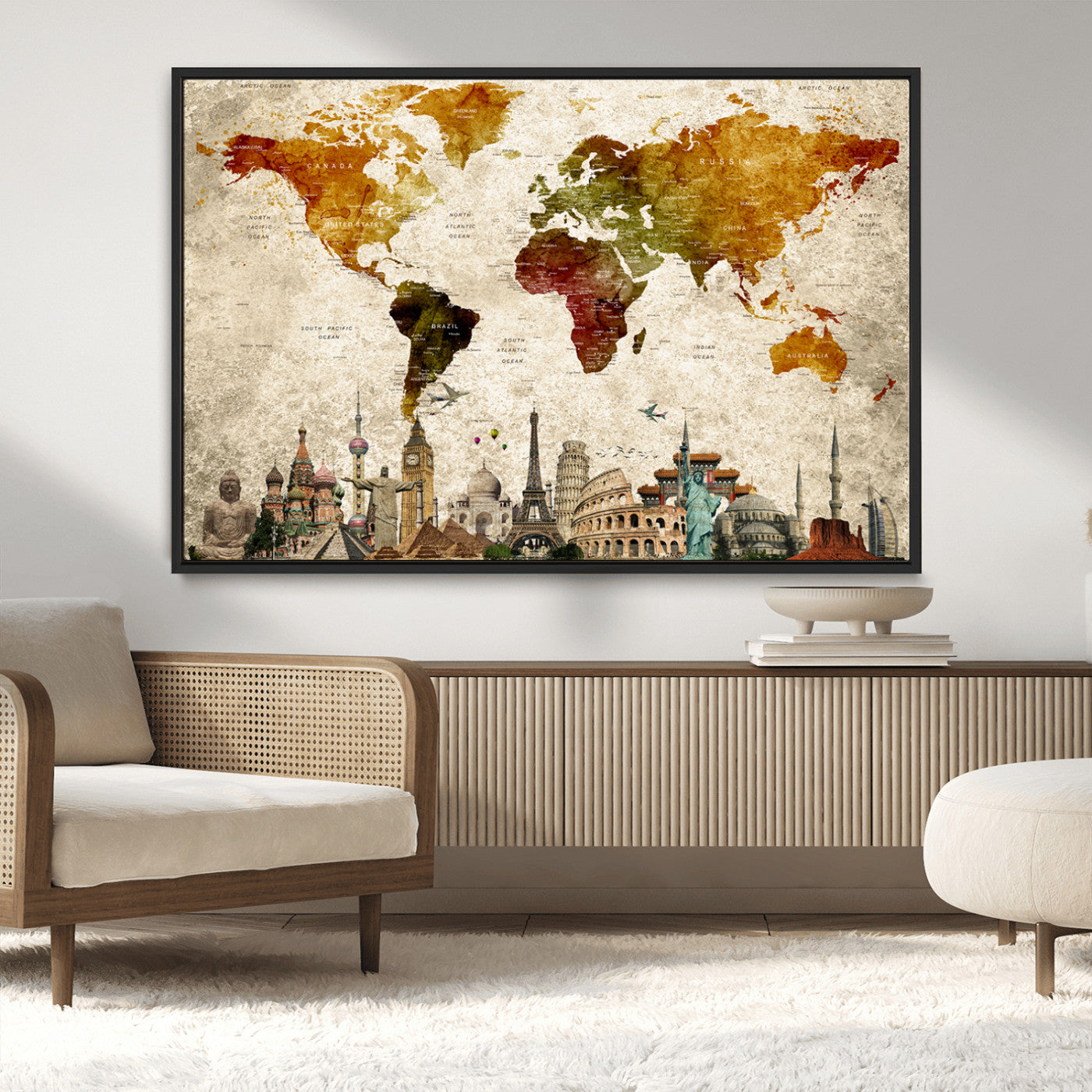 40637-MGV-CV-36X24-Push Pin World Map Canvas Print – Framed Travel Map Wall Art for Couples, Anniversary Gift, Modern Home or Office Decor