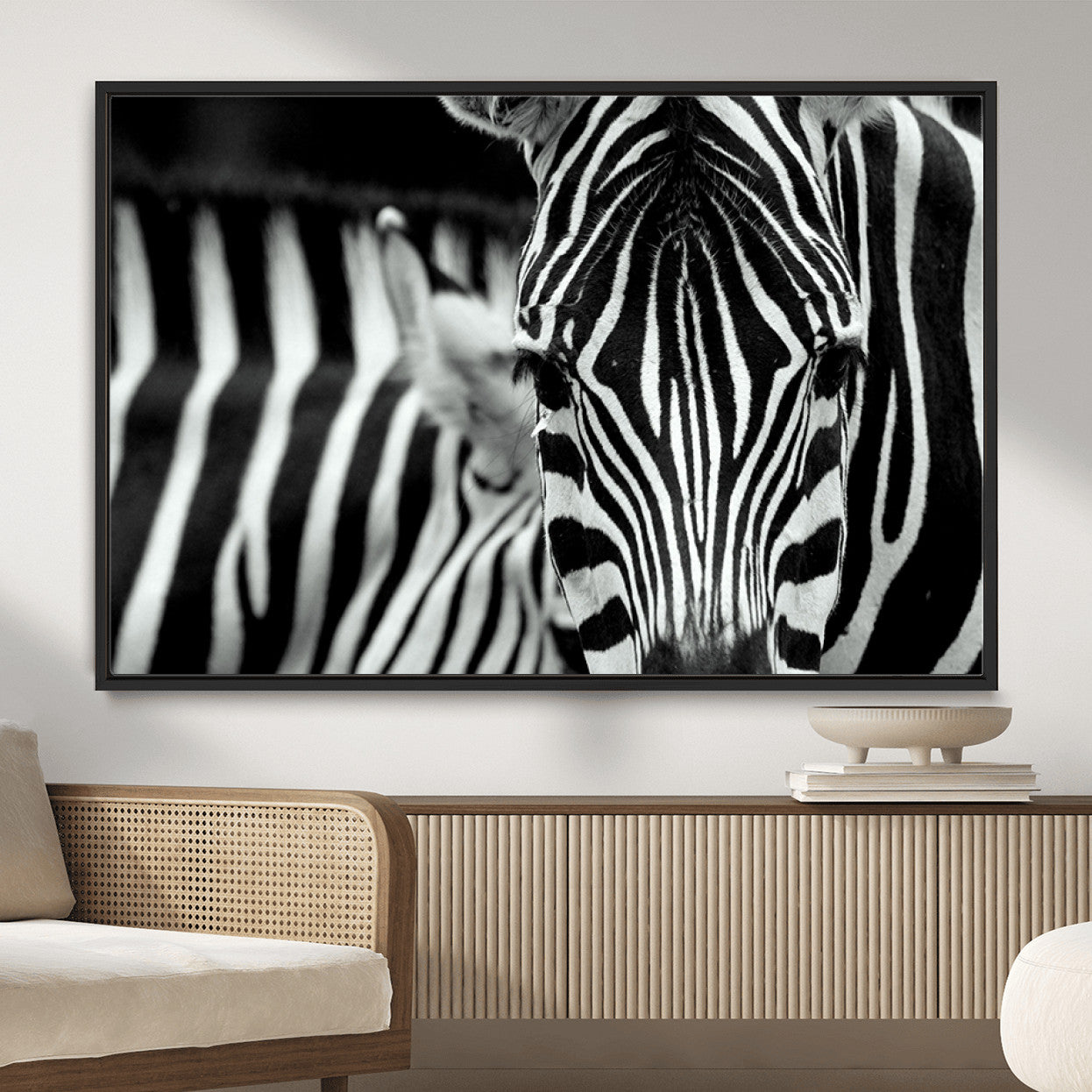 MGV-FC-36X24 - Zebra Wall Art – Close Up Black and White Animal Print, Bold Safari Decor for Living Room, Office, or Bedroom