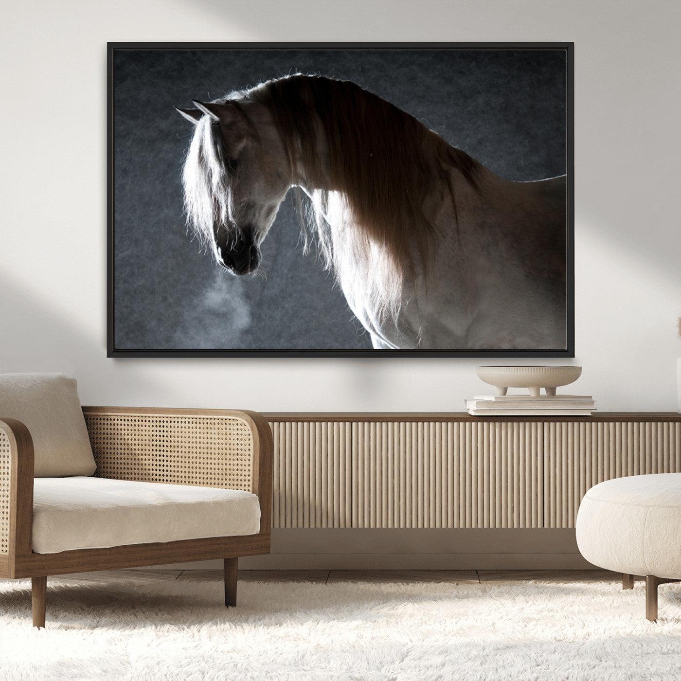 -Large Wall Art Cream Colored Horse on Grey Background Canvas Print
