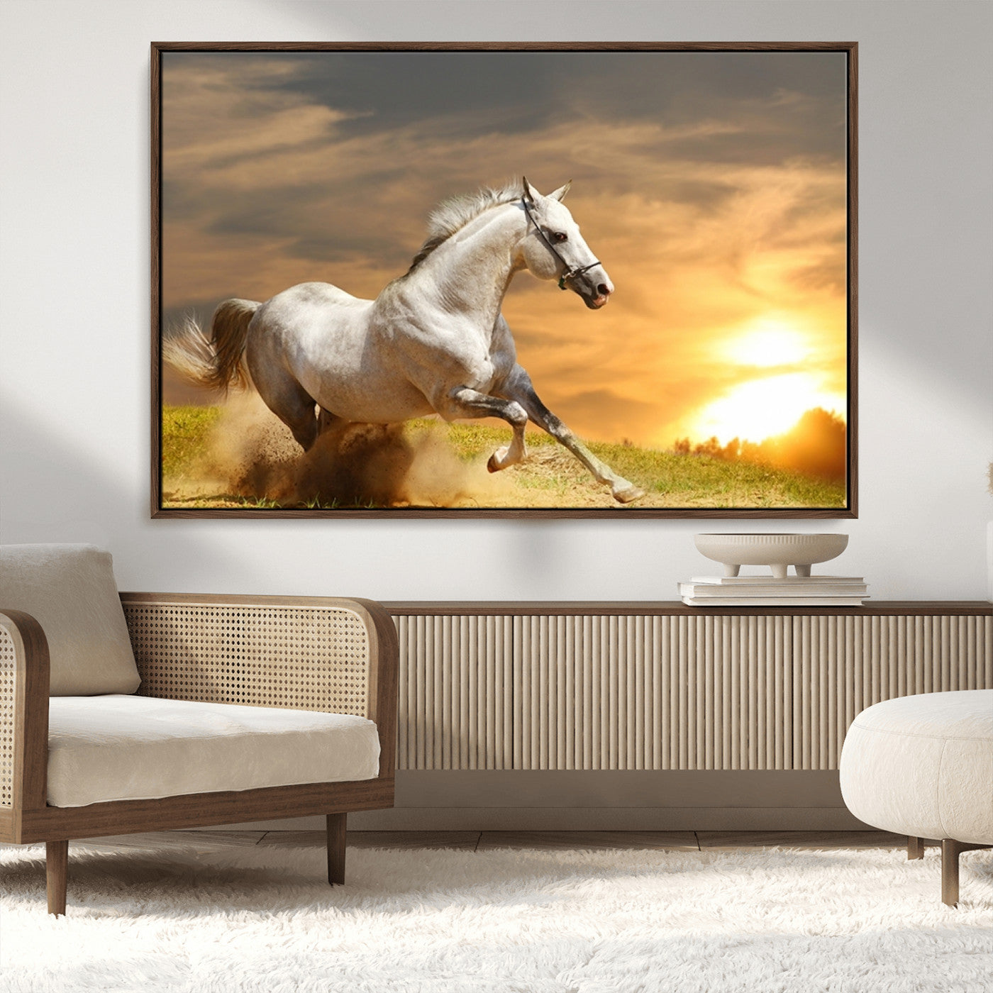 -Large Wall Art Galloping White Horse at Sunset Canvas Print
