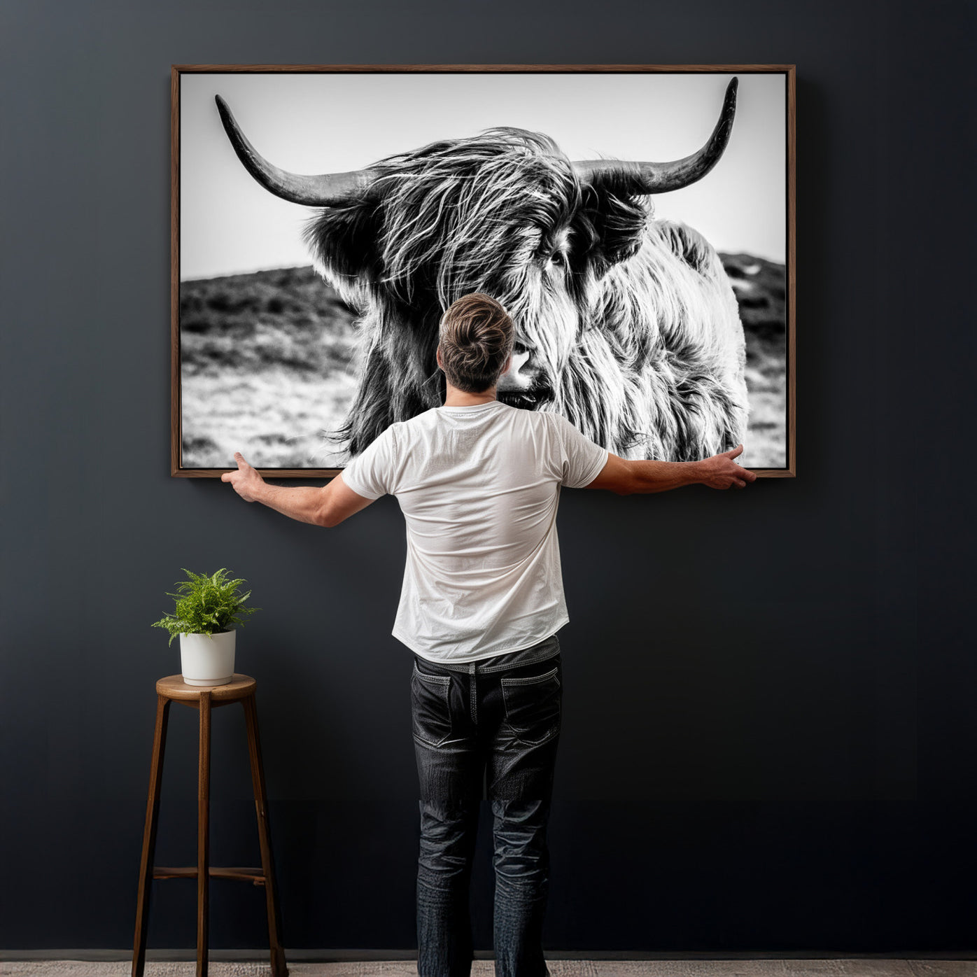 54309-MGV-CV-36X24 - Black and White Scottish Cow Canvas Wall Art Highland Cattle Canvas Print Framed Ready to Hang Original Cotton Canvas High Quality Image Multi Panel Wall Art Printable Artwork for Walls