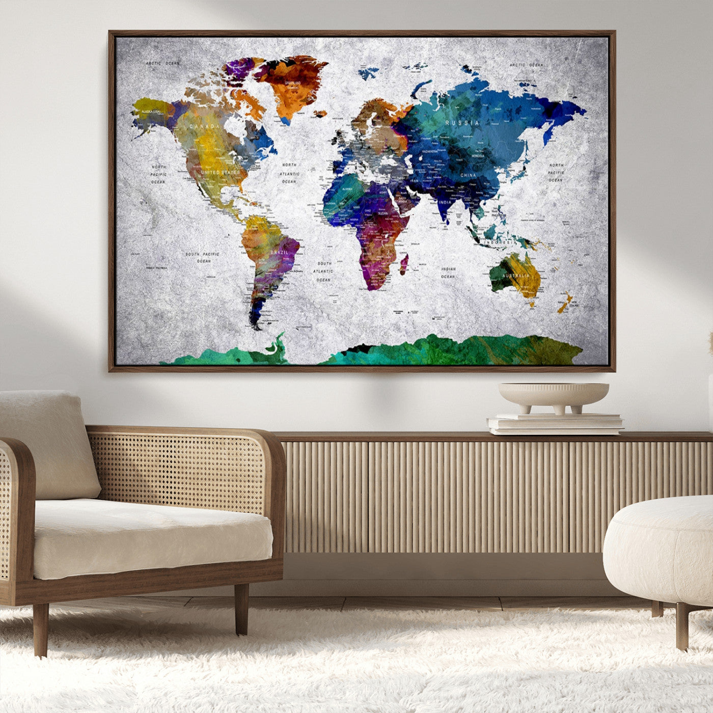 26840-MGV-CV-36X24-Push Pin World Map Canvas Print – Framed Travel Tracker Wall Art for Couples, Anniversary Gift and Modern Home Decor
