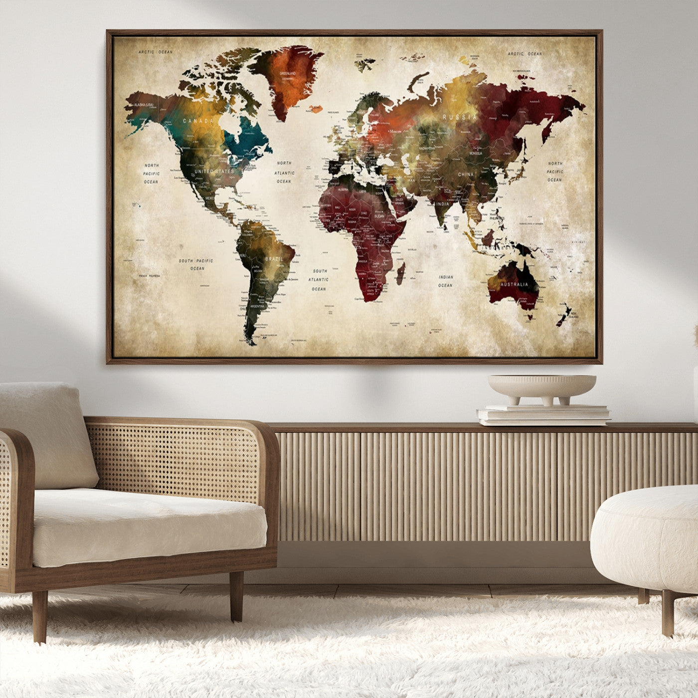63870-MGV-FC-36X24_Walnut-World Map Wall Art Canvas Print, Framed Push Pin Map Art Picture Print, Abstract Traveller Map Perfect Modern Decor Artwork for Living Room or Office Decor