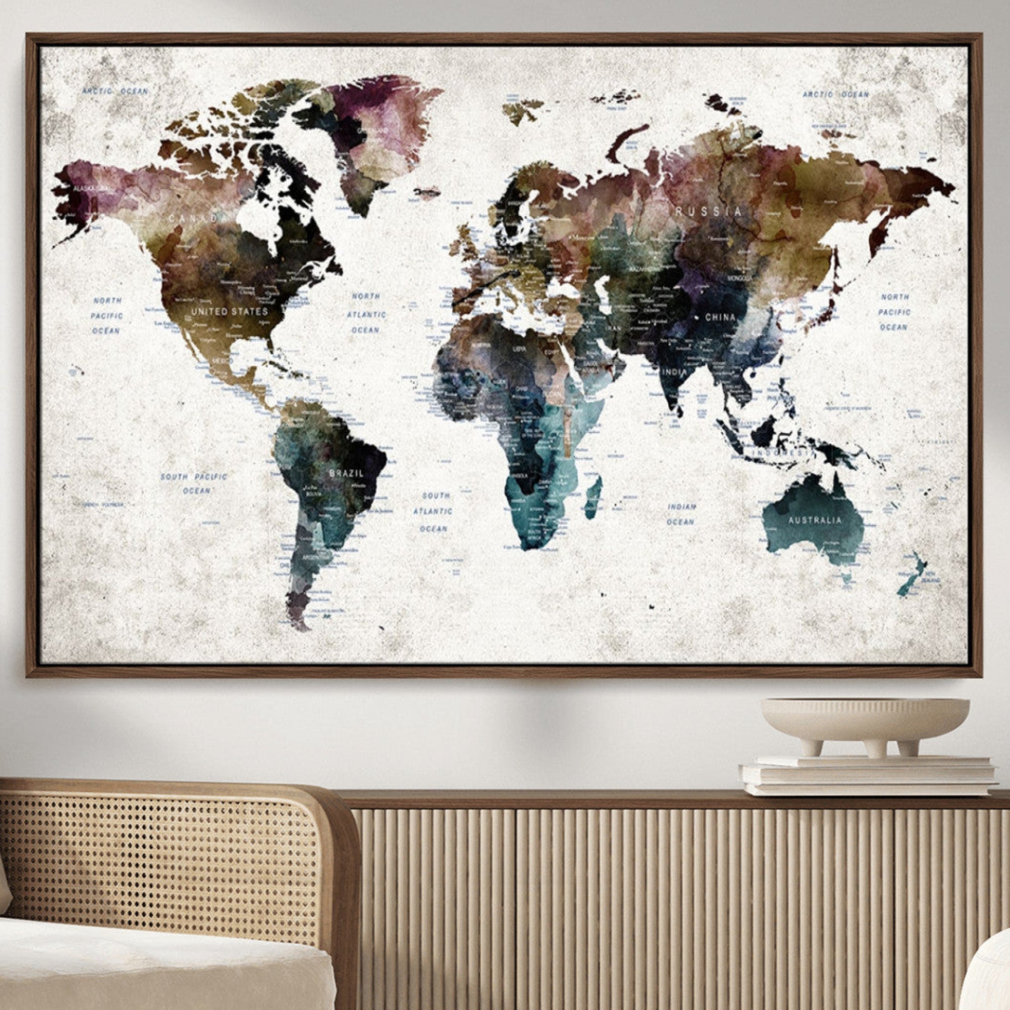 42478-MGV-FC-36X24_Walnut-Push Pin World Map Canvas Print – Framed Travel Map Wall Art for Couples, Anniversary Gift, Modern Home or Office Decor