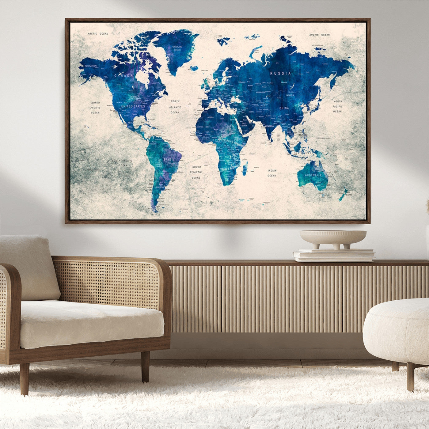 43947-MGV-CV-36X24-Blue Watercolor World Map Canvas Print – Framed Modern Wall Art, Elegant Push Pin Travel Map Decor for Home Office or Living Room