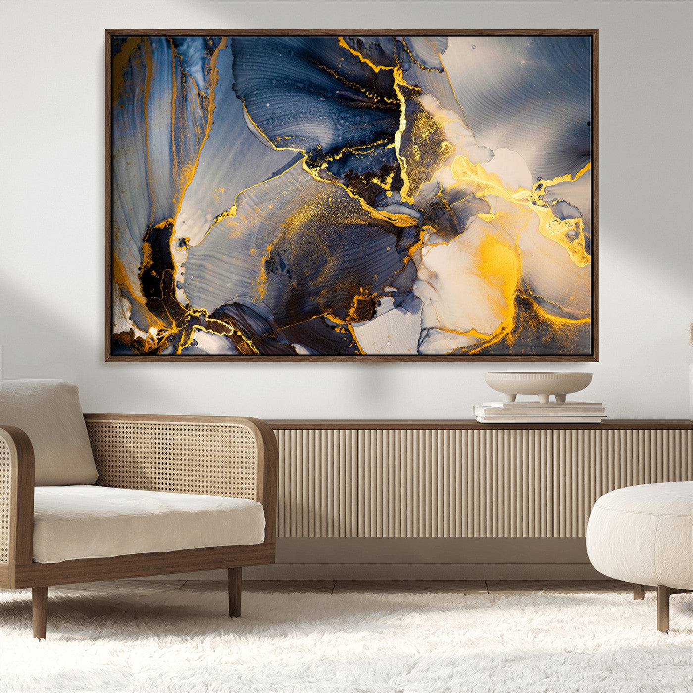 42100-MGV-CV-36X24-Large Abstract Wall Art Print - Gold and Blue Abstract Canvas Wall Art | Fluid Ink Modern Luxury