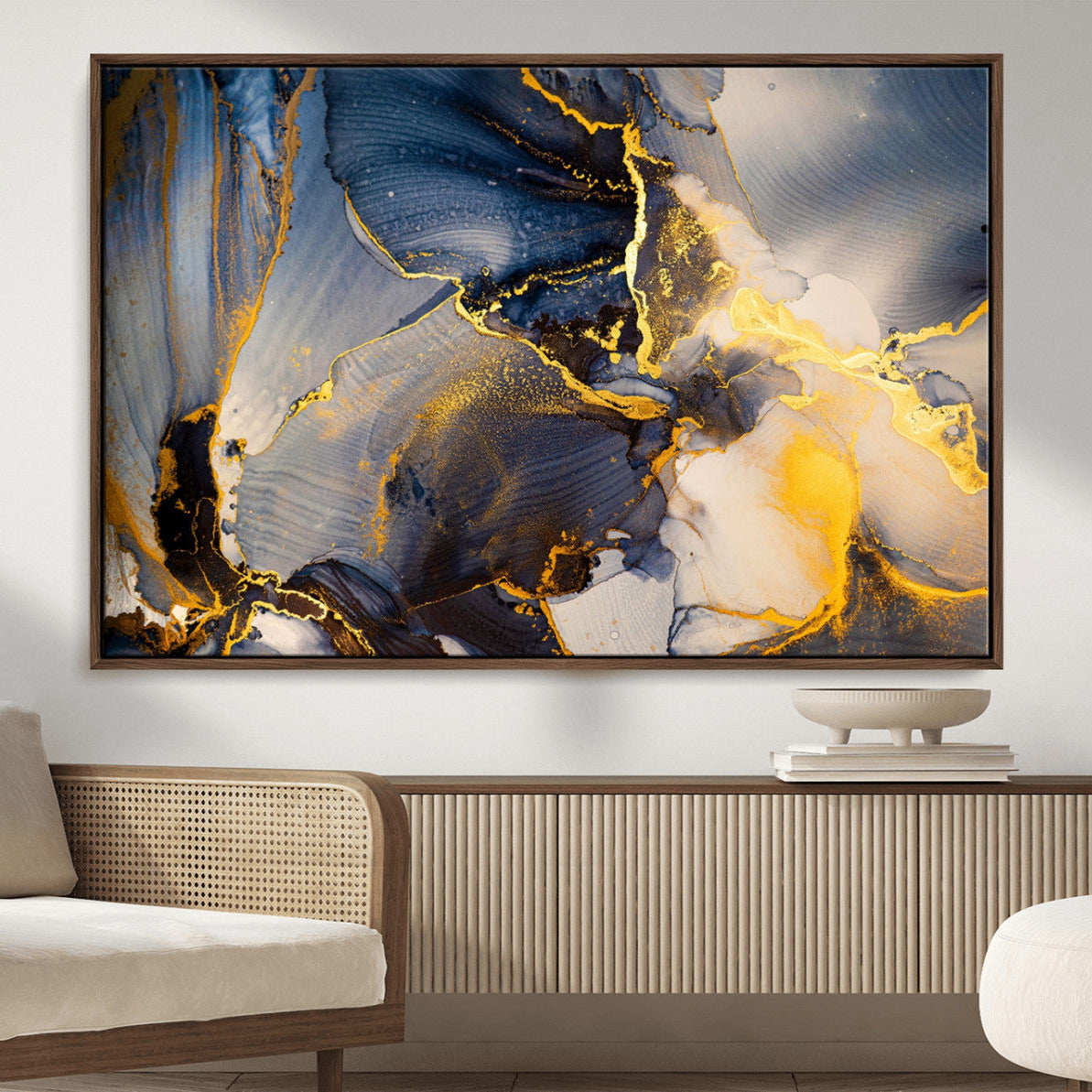 42100-MGV-CV-36X24-Large Abstract Wall Art Print - Gold and Blue Abstract Canvas Wall Art | Fluid Ink Modern Luxury