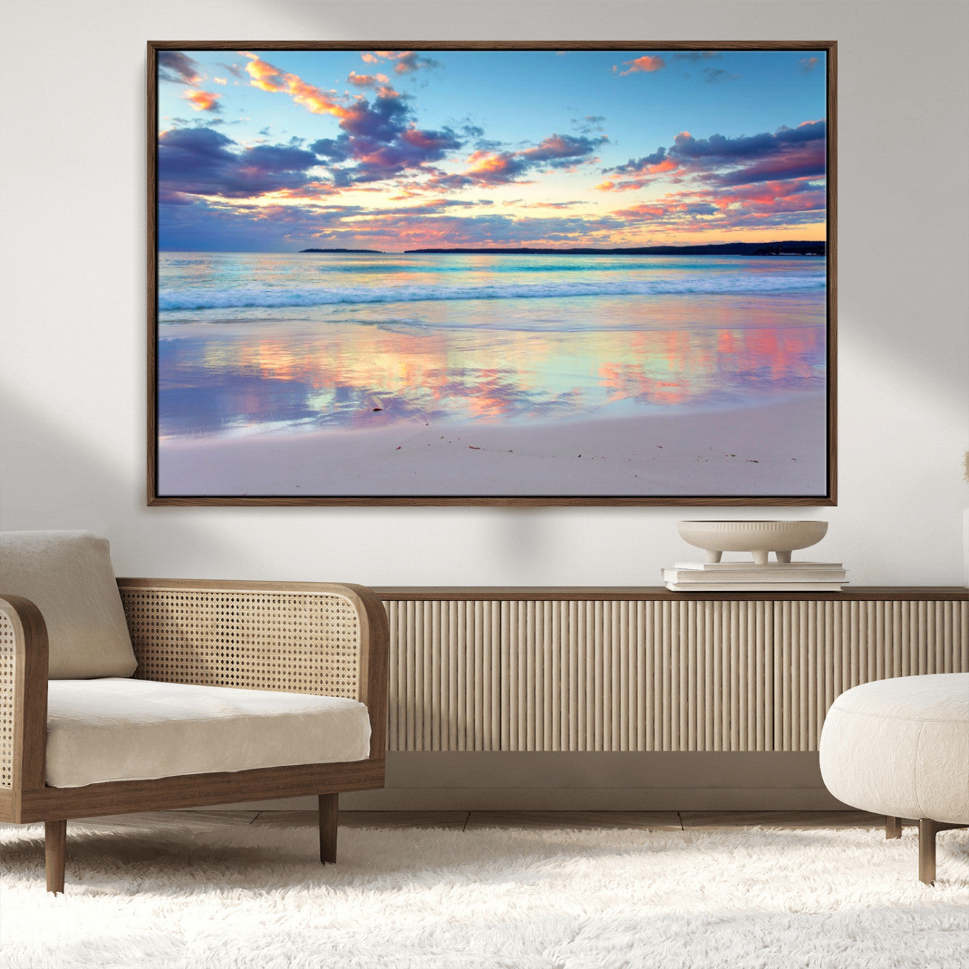 -Tranquil Pastel Sunset Beach Triptych Canvas Art, Soothing Coastal Ocean Shoreline Giclee Print,