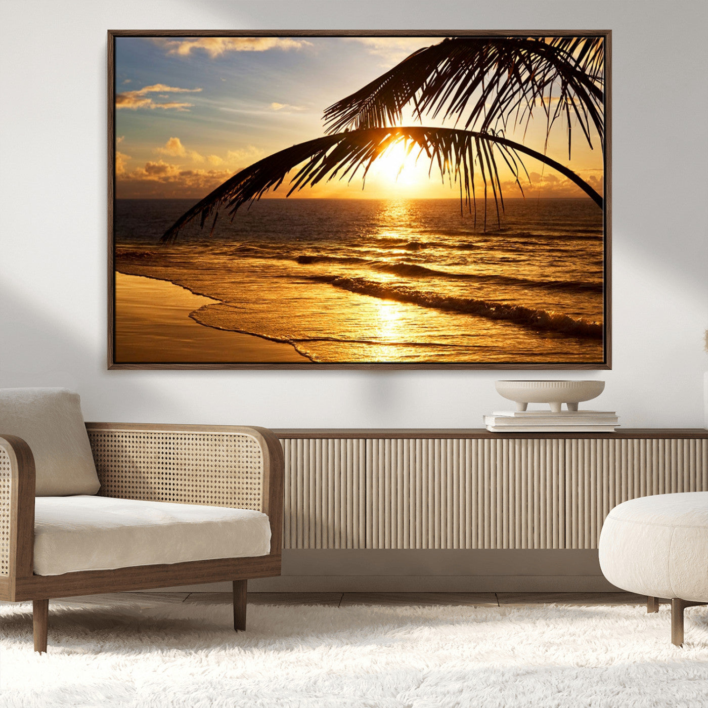 -Golden Tropical Beach Sunset Canvas Triptych, Coastal Palm Tree Wall Art, Ocean Shoreline Giclee