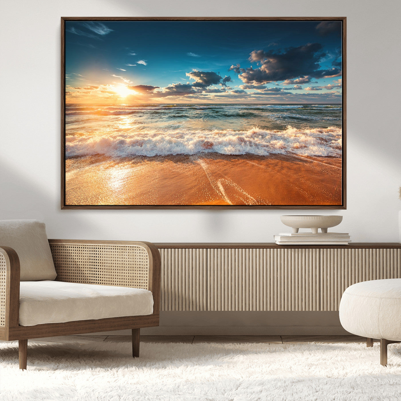 -Golden Sunset Beach Triptych Canvas Art, Giclee Coastal Wall Decor, Ocean Waves Print, Modern Beach