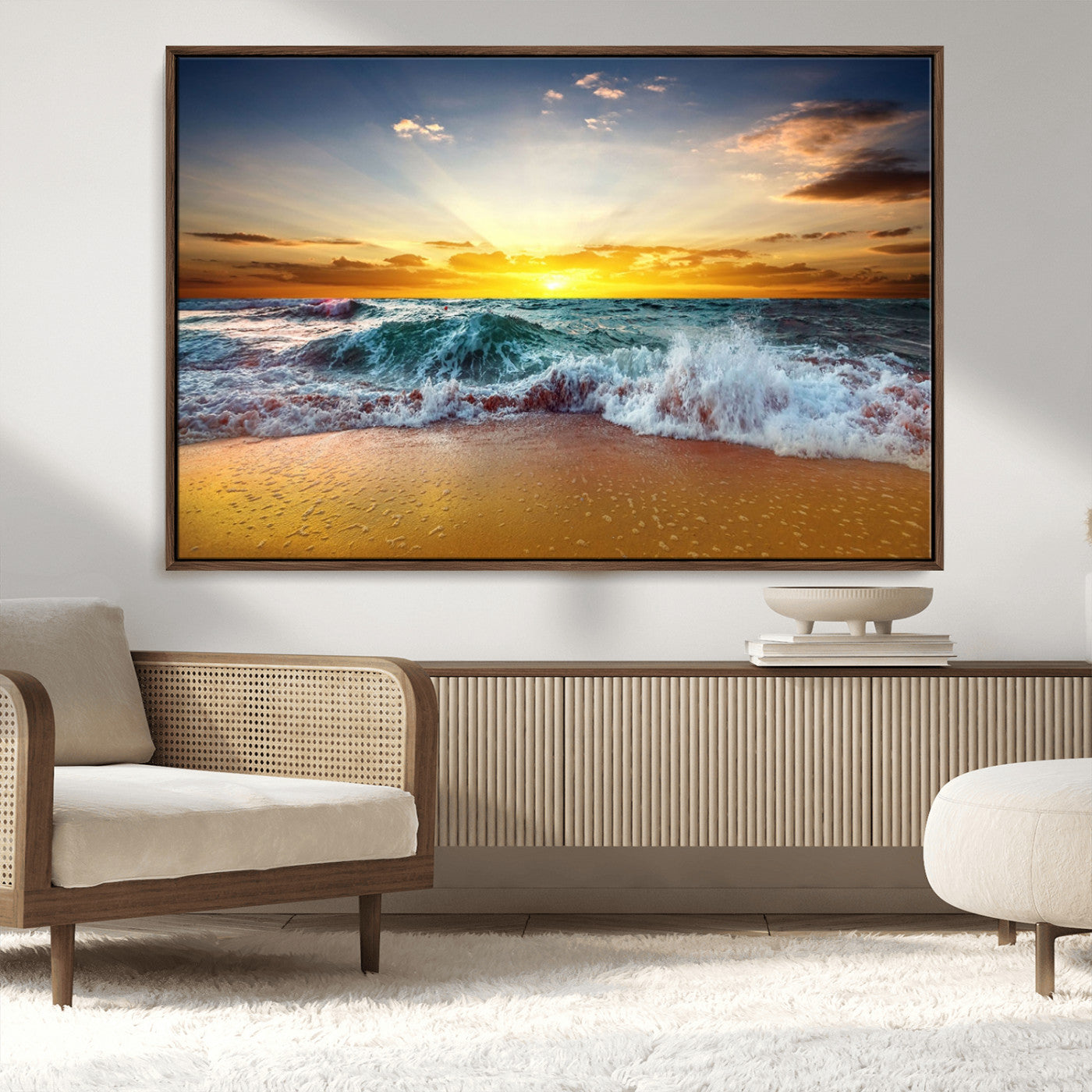 -Golden Sunset Ocean Waves Wall Art Canvas Print – Multi Panel Beach Canvas Print Set – Large Coastal