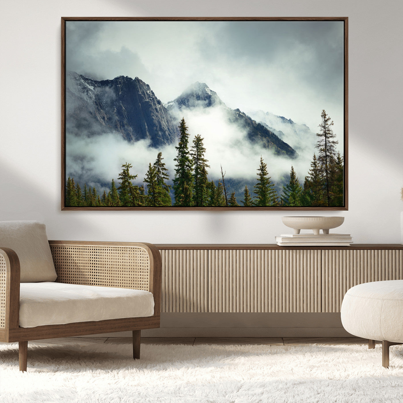 -Mountain Mist Canvas Wall Art Print | 3-Panel Foggy Forest and Mountain Landscape | Large Giclee