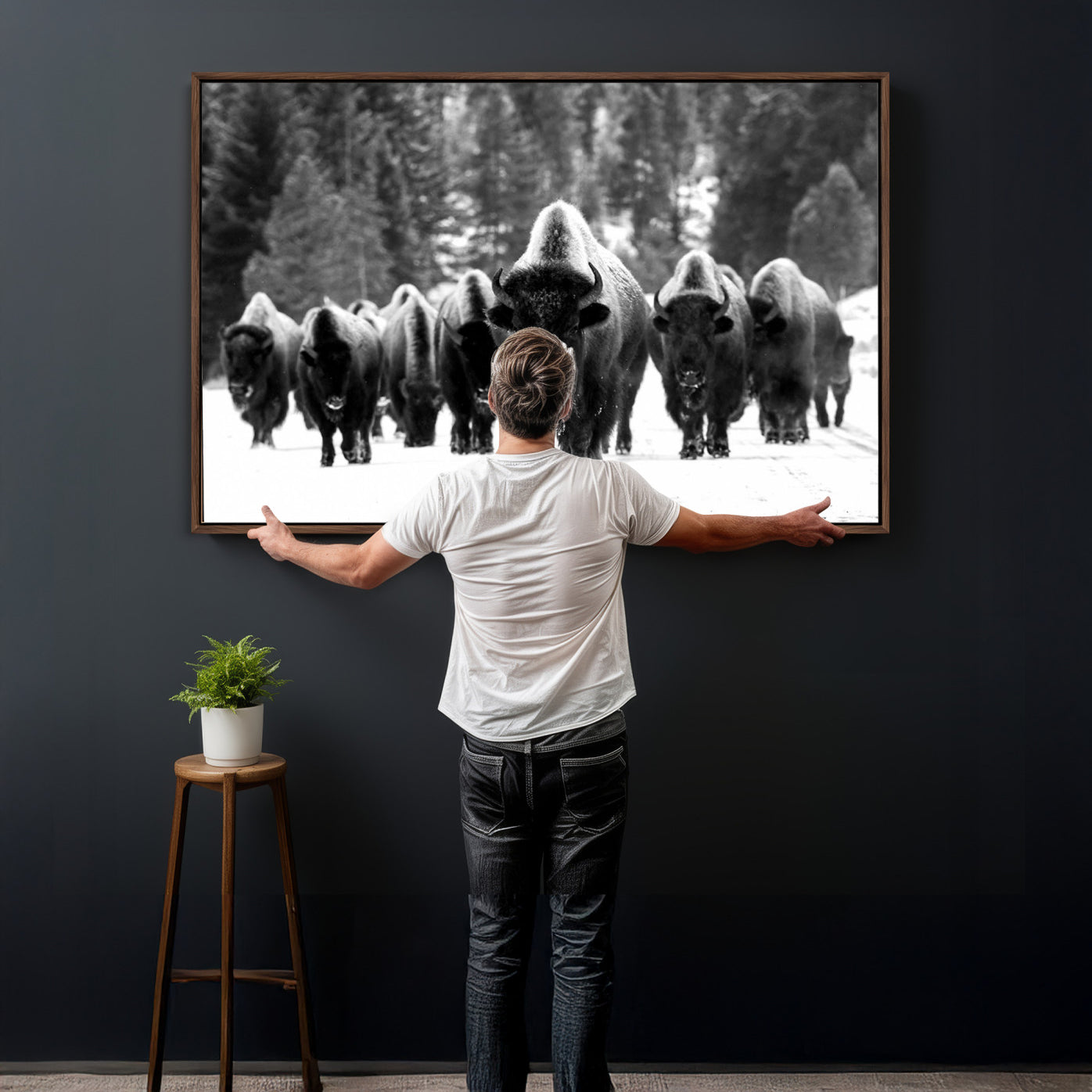 62434-MGV-CV-36X24 - Bison Herd in Snow Wall Art Canvas Print | Rustic Western Bison Wall Art for Decor for Living Room,