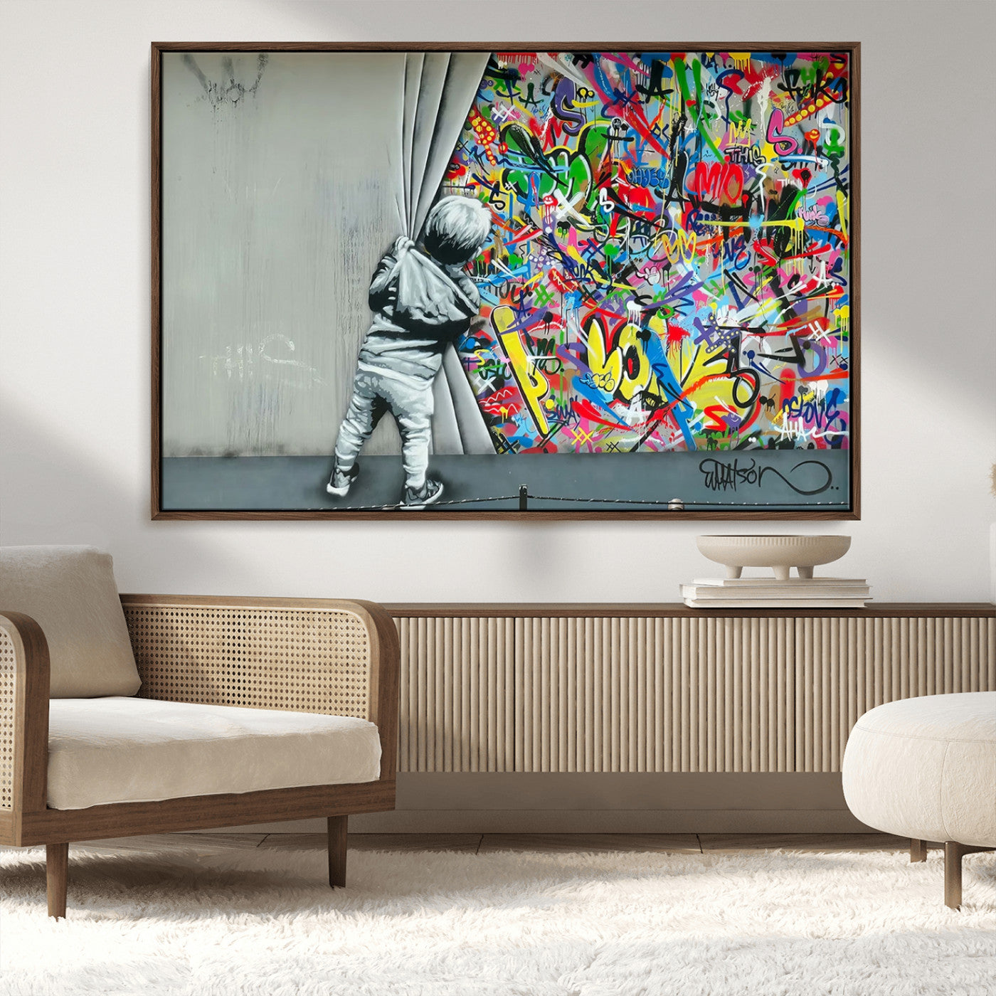 51713-MGV-CV-36X24-Banksy Colorful Street Graffiti Canvas Wall Art Print, Modern Art Triptych, Child and Graffiti Wall,