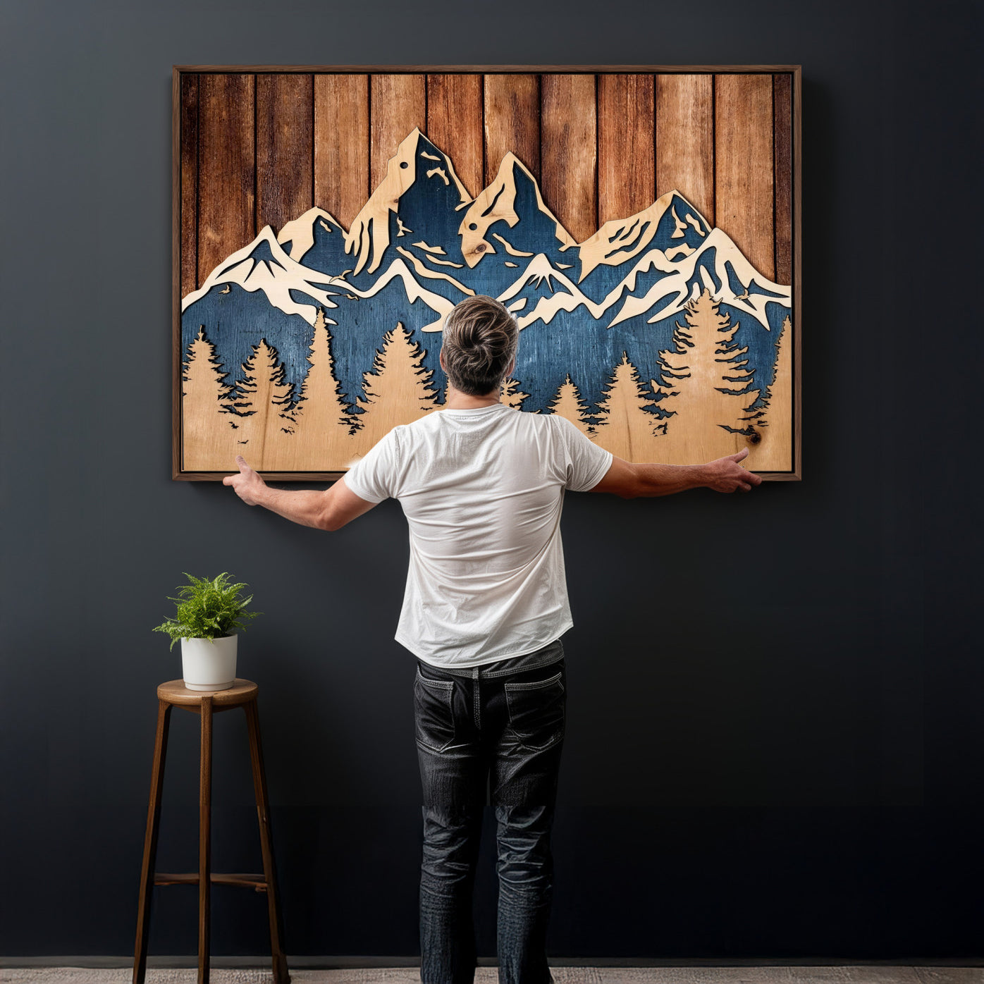 41330-MGV-CV-36X24 - Rustic Wood Style Mountain Wall Art, Nature Forest Canvas Print, Wooden Textured Mountain Artwork Print