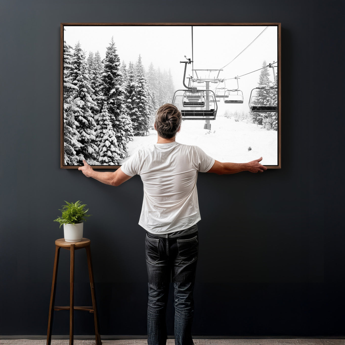 70609-MGV-CV-36X24 - Winter Forest Wall Art Canvas Print, Framed Snowy Forest Art Picture Print, Winter Ski Lift Perfect