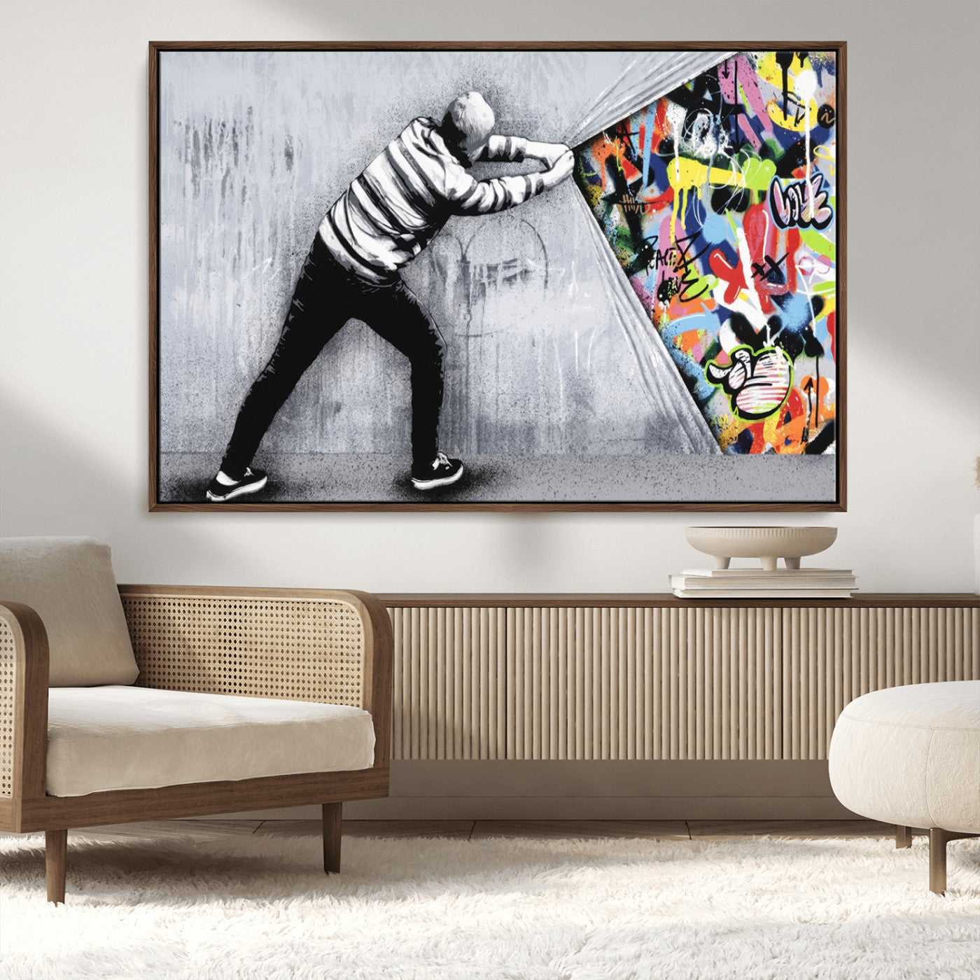 52252-MGV-CV-36X24-Banksy Art Behind the Curtain Street Wall Art Canvas Print | 3-Panel Urban Graffiti-Inspired Wall