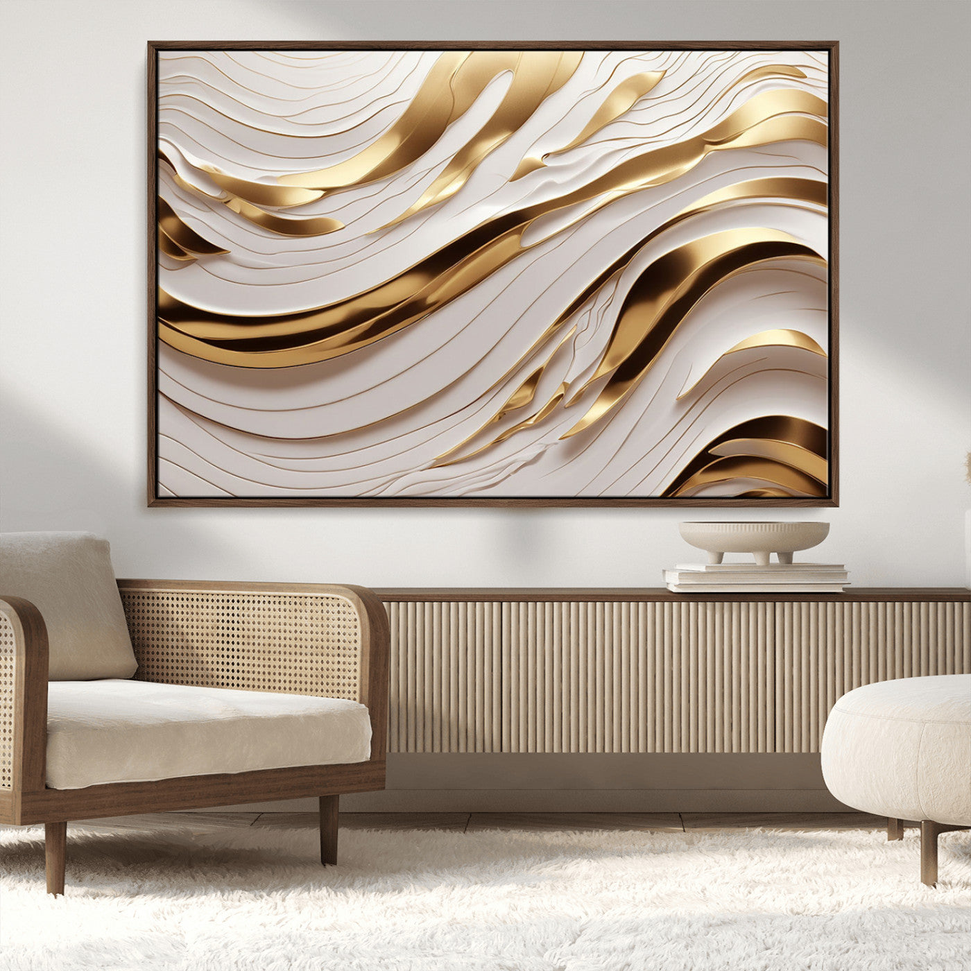 81197-MGV-CV-36X24-Gold and White Abstract Wave Canvas – Elegant Flowing Design with Luxurious Golden Accents –