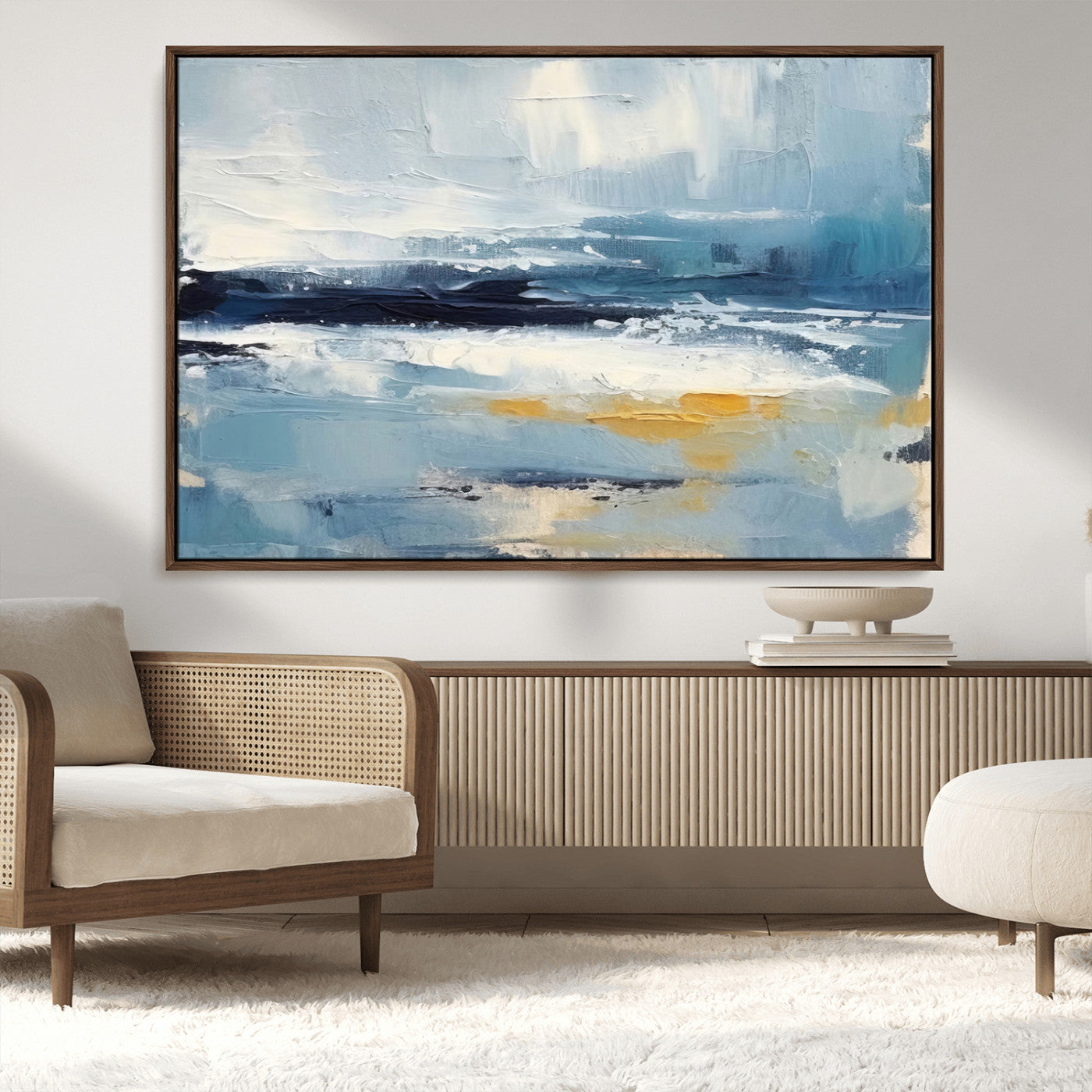19746-MGV-CV-36X24-Abstract Ocean Canvas Wall Art - Coastal Blue and Gold Textured Painting, Modern Seascape Decor for