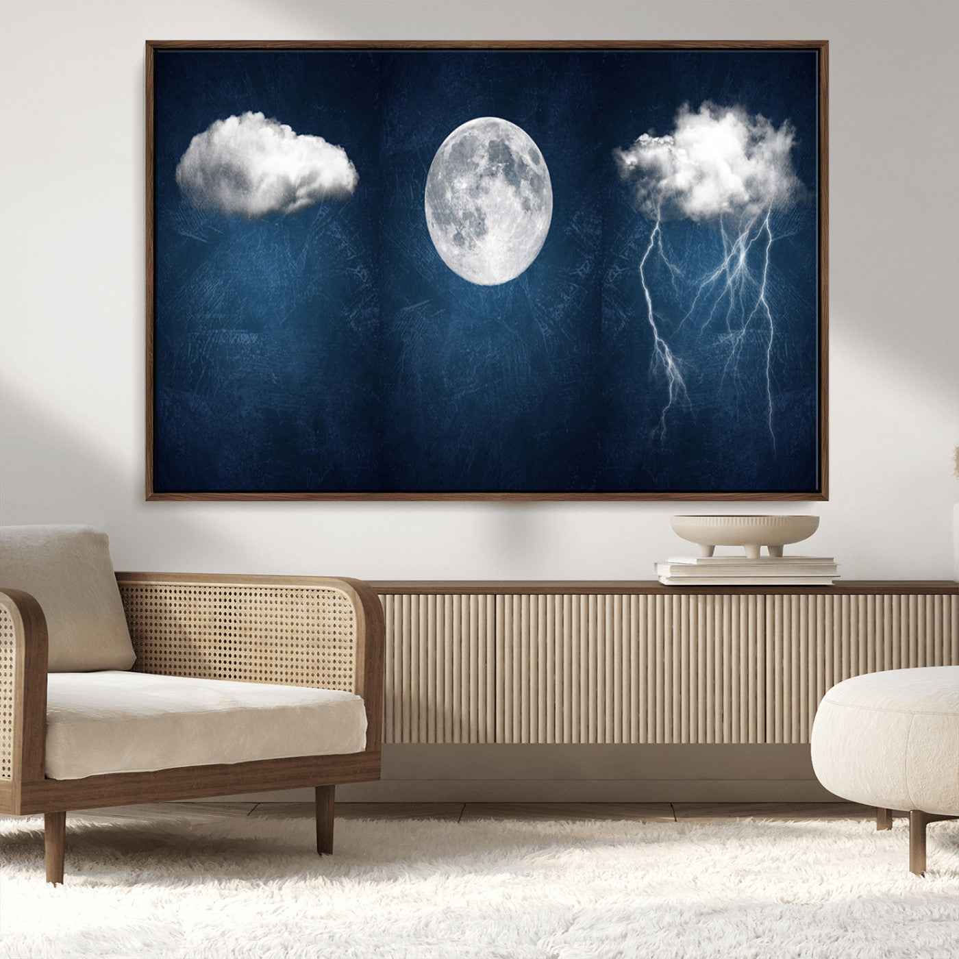 96569-MGV-CV-36X24-Dark Blue Cloud Art, 3 Piece Indigo Blue Wall Art, Aesthetic Surreal Art, Thunderstorm Moon Cloud