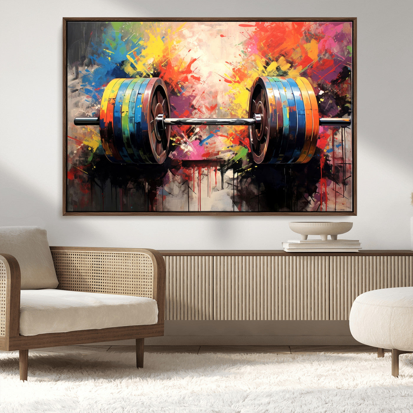 80436-MGV-FC-36X24_Walnut-Weightlifting Barbell Art Triptych, Bold Abstract Fitness Wall Decor for Gym or Home, Giclee Canvas