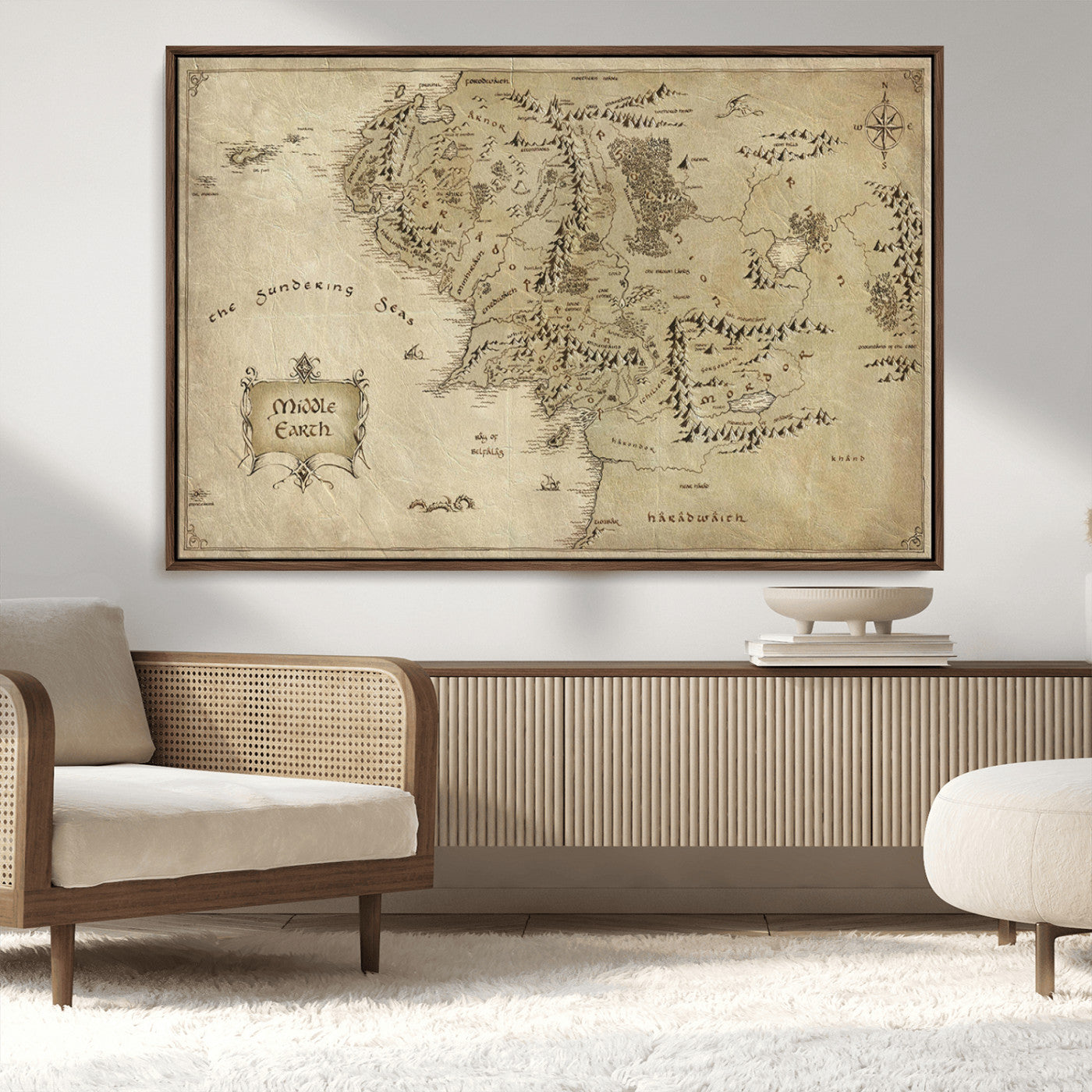 21784-MGV-CV-36X24-Vintage Middle Earth Map Wall Art Canvas – Lord of the Rings Inspired Framed Map Print, Classic Fantasy Decor for Home, Office