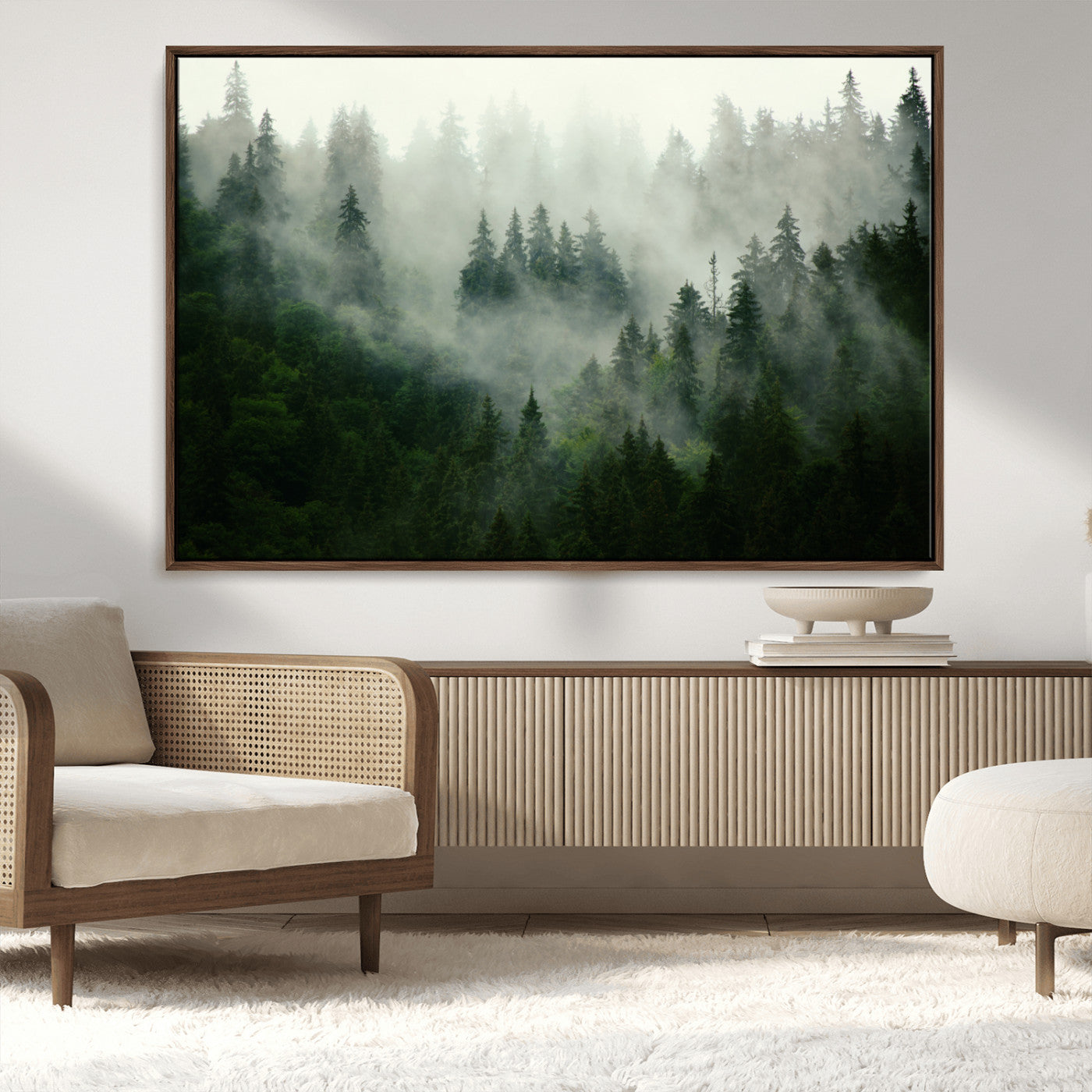 167720496-MGV-FC-36X24_Walnut-Misty Forest Wall Art – Tranquil Green Woodland Canvas Print, Nature Landscape Decor for Living Room, Bedroom or Office