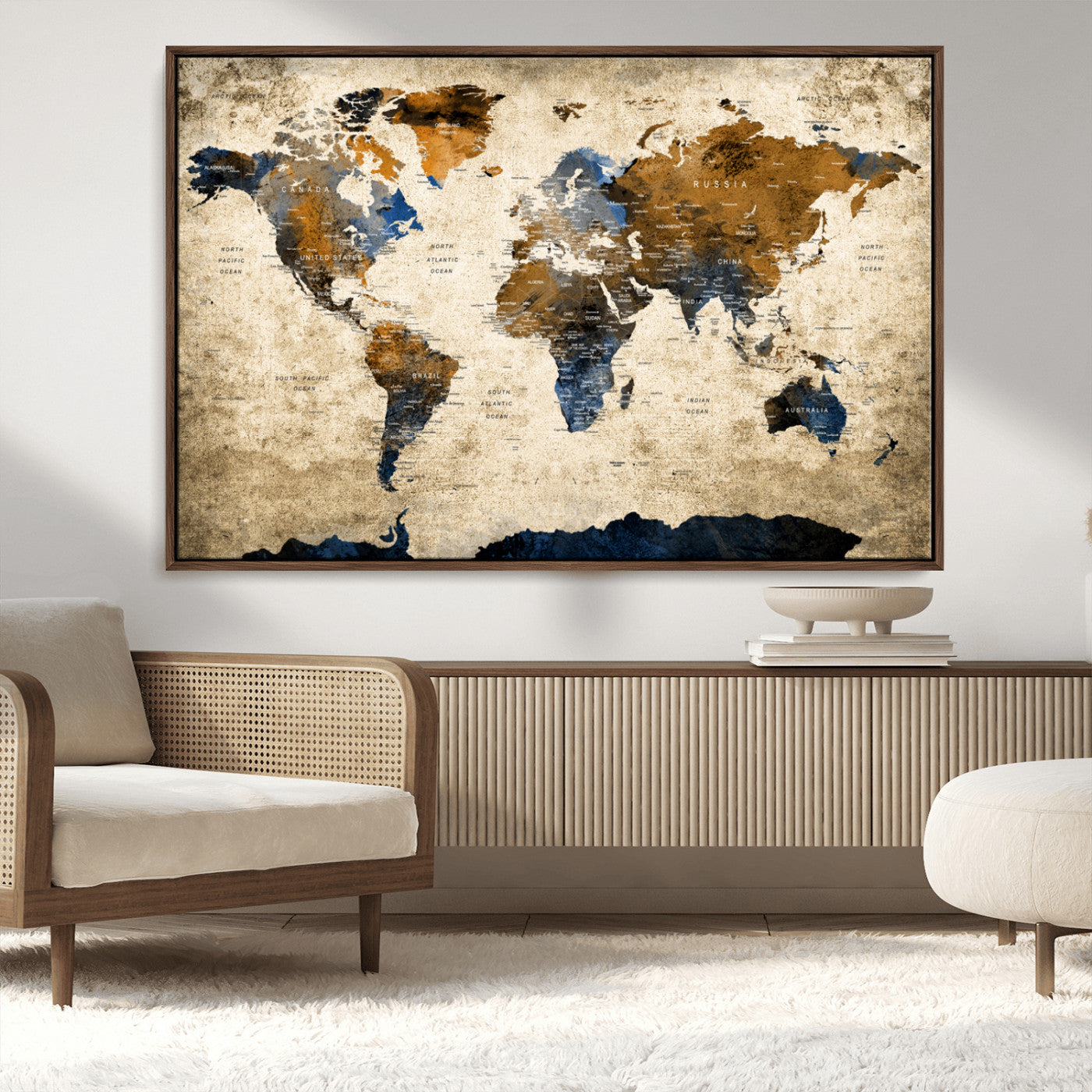 51140-MGV-FC-36X24_Walnut-World Map Wall Art – Antique Style Blue and Brown Map Canvas Print, Classic Travel Wall Decor for Home Office or Study Room