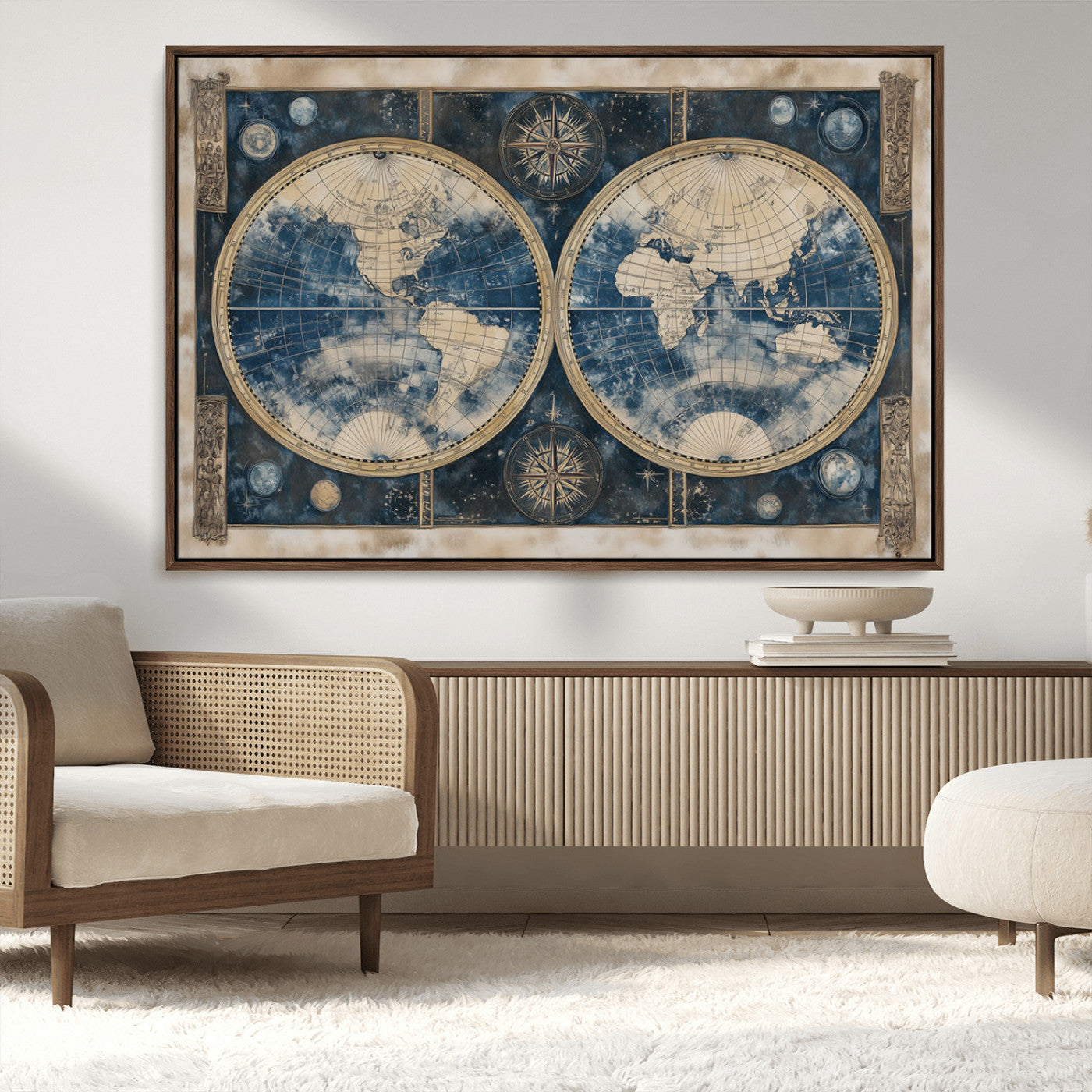 -Framed Vintage Blue World Map Canvas Print – Antique Double Hemisphere Wall Art for Home and Office Decor, Classic Explorer Map Artwork