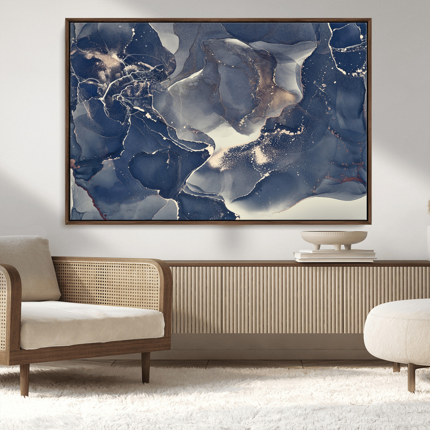 28282-MGV-CV-36X24-Large Abstract Blue and Gold Canvas Wall Art | Fluid Ink Artwork Print | Luxury Wall Decor for