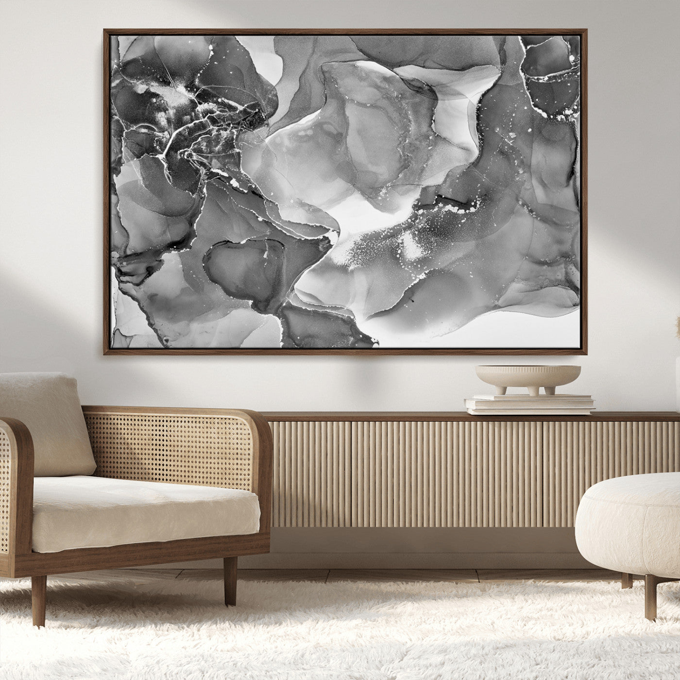 15911-MGV-FC-36X24_Walnut-Black White Abstract Canvas Wall Art - Fluid Ink Artwork - Modern Luxury Wall Decor for Contemporary
