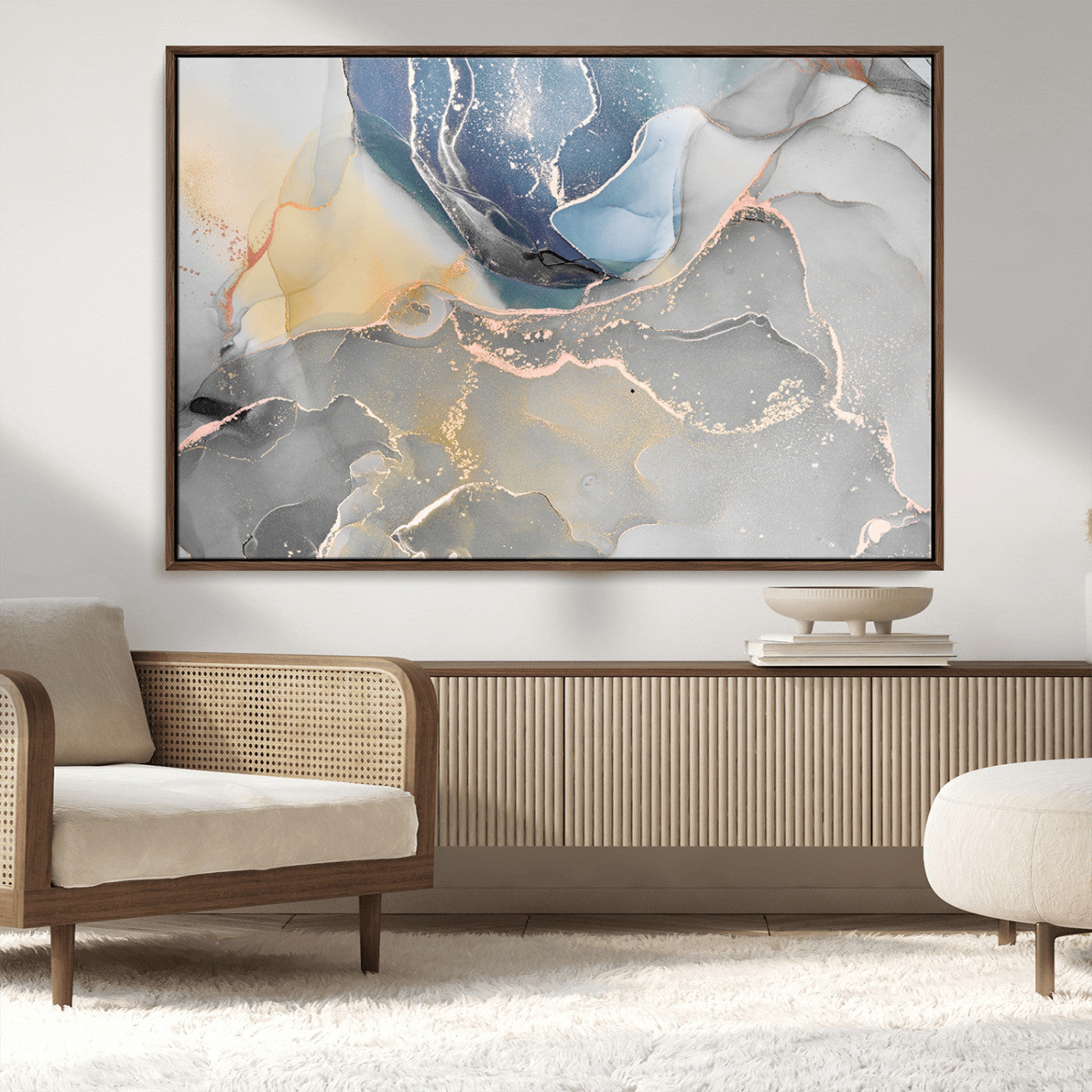 18176-MGV-FC-36X24_Walnut-Large Abstract Blue and Gold Canvas Wall Art | Fluid Ink Artwork Print | Luxury Wall Decor for
