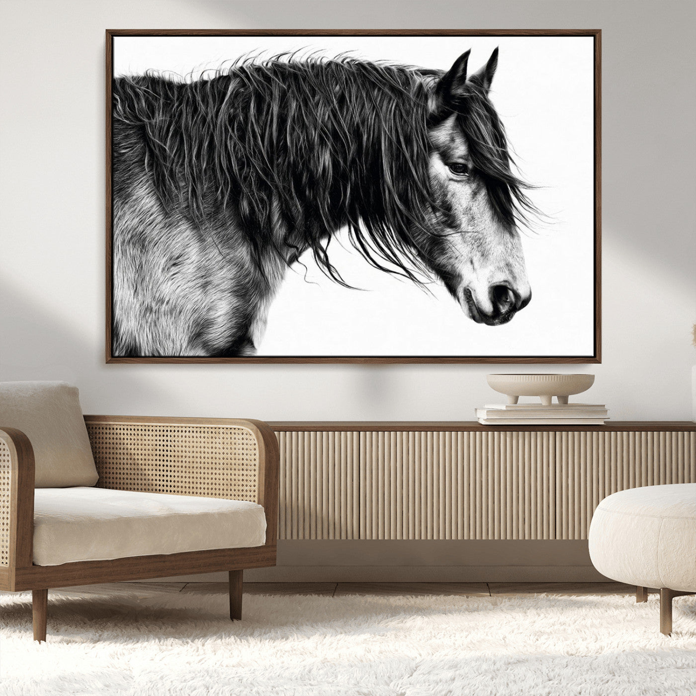 MGV-FC-36X24 - Majestic Horse Wall Art – Black and White Canvas Print, Graceful Animal Portrait, Elegant Wildlife Decor for Home, Office or Guest Room